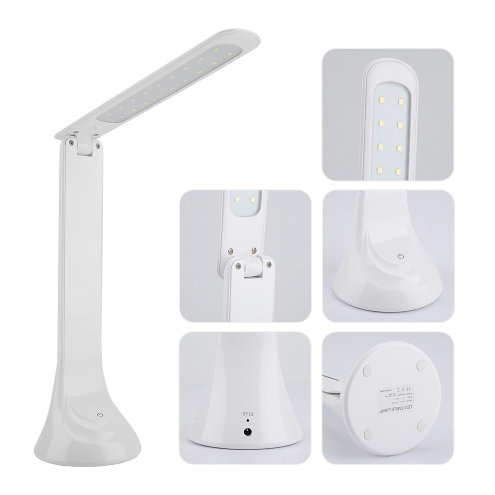 Eine weiße LED-Schreibtischlampe mit mehreren Detailansichten, die ihr Design zeigt.