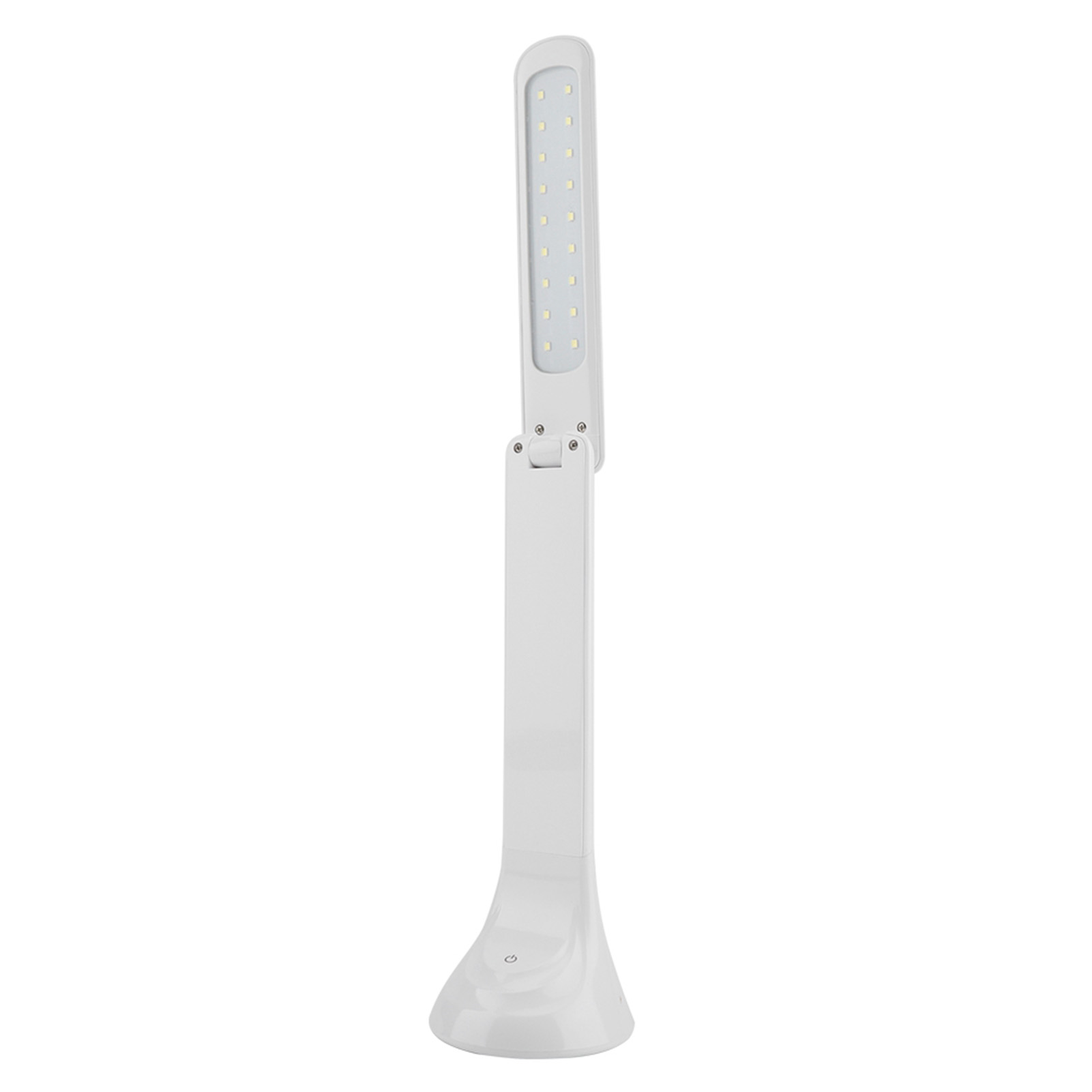 Weiße LED-Schreibtischlampe mit verstellbarem Kopf und berührungsempfindlichem Sockel.
