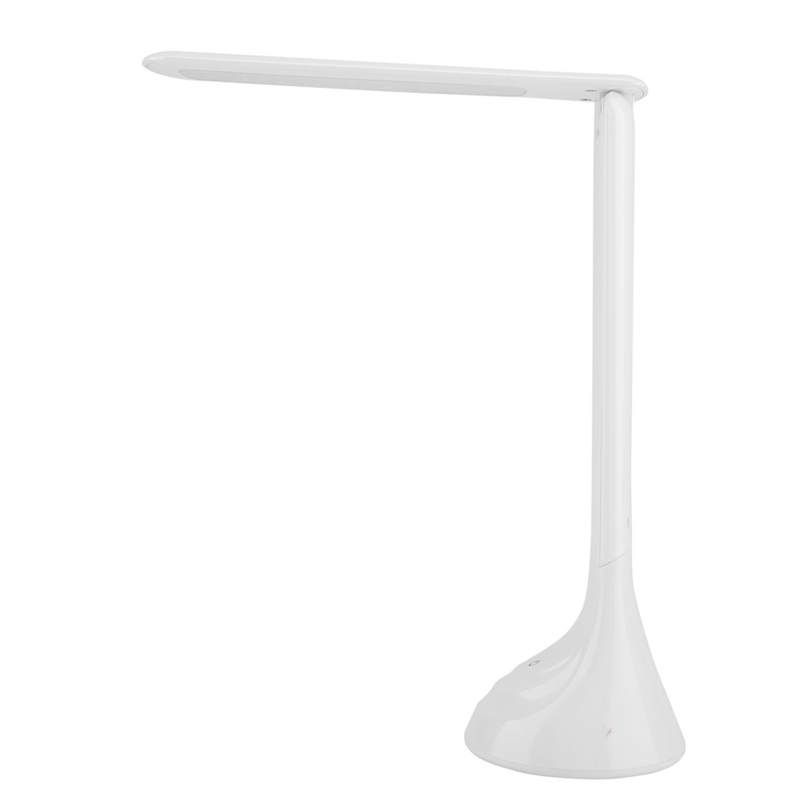 Eine weiße Schreibtischlampe mit langem, verstellbarem Arm und rundem Sockel, eingeschaltet.