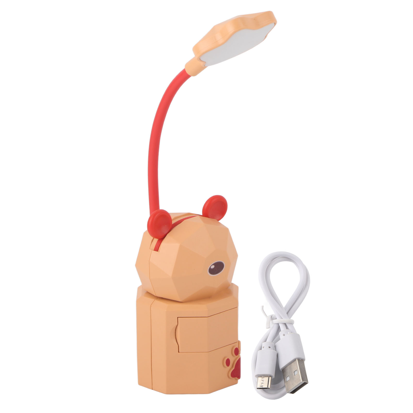 Eine niedliche bärenförmige Schreibtischlampe mit rotem Arm und weißem USB-Kabel.