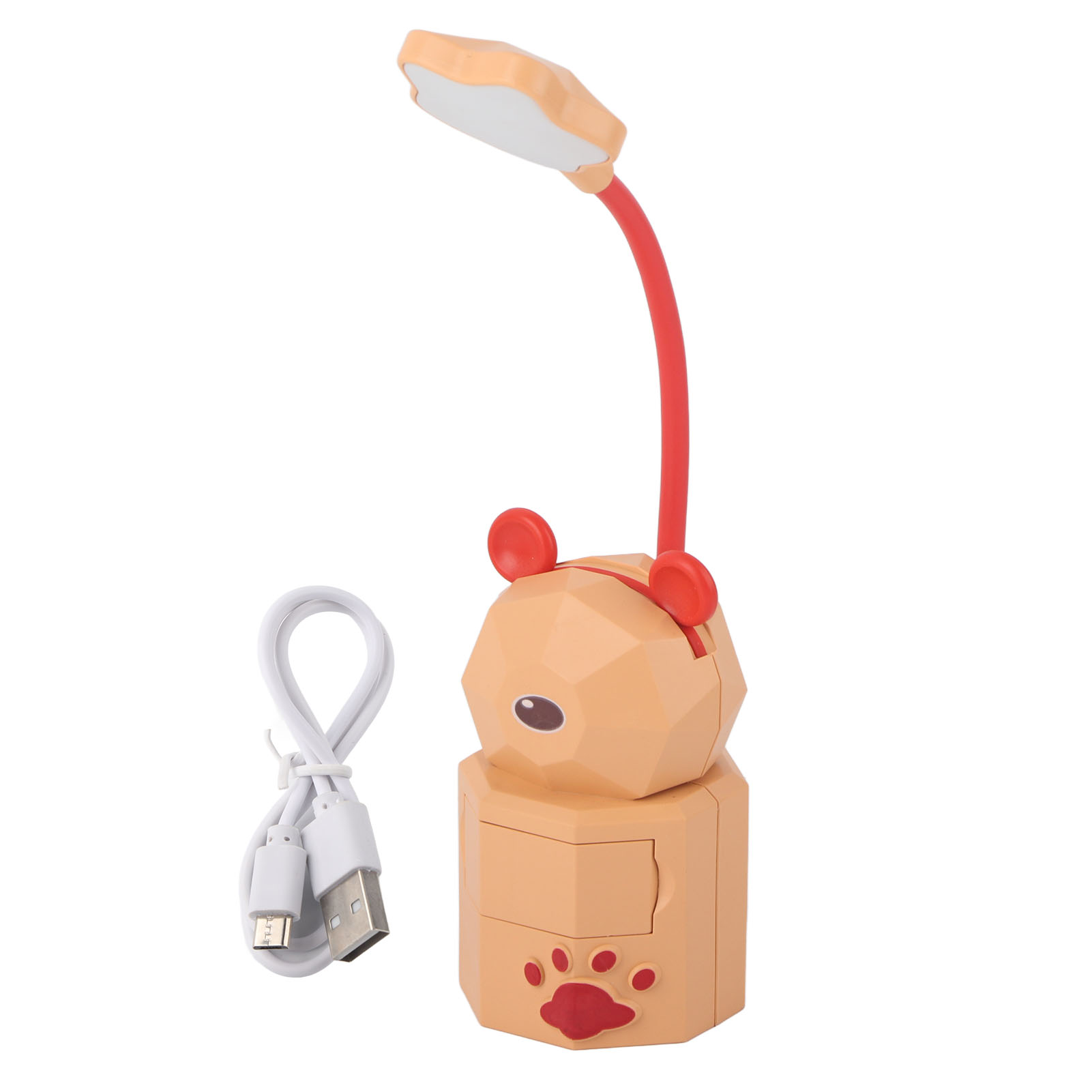 Eine niedliche bärenförmige Lampe mit USB-Kabel. Sie hat eine Schublade, einen Pfotenabdruck und Bärenohren.