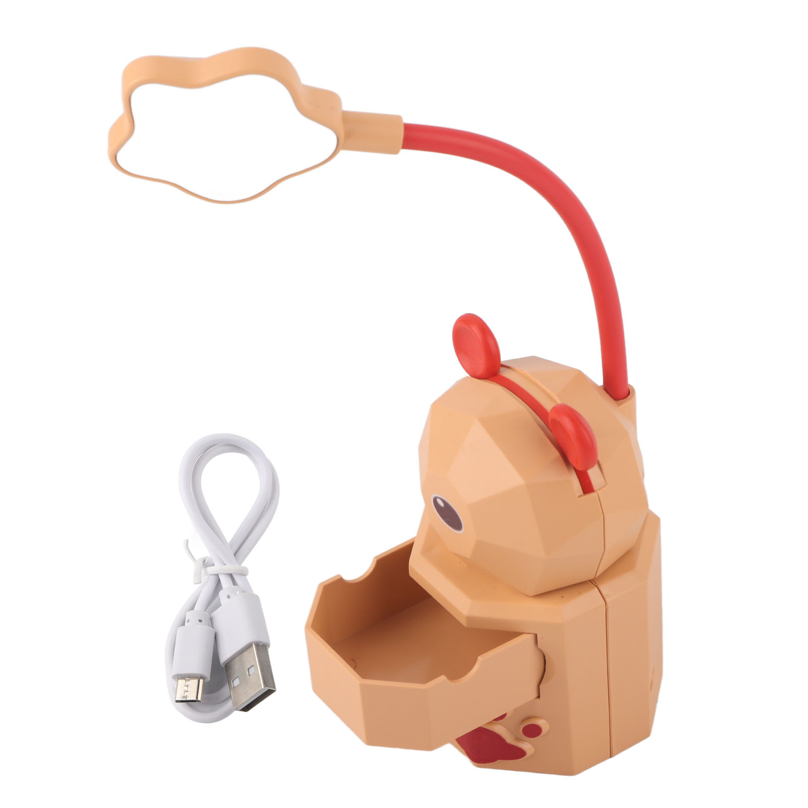 Hellbraune bärenförmige Lampe mit roten Details, flexiblem Arm und USB-Kabel.