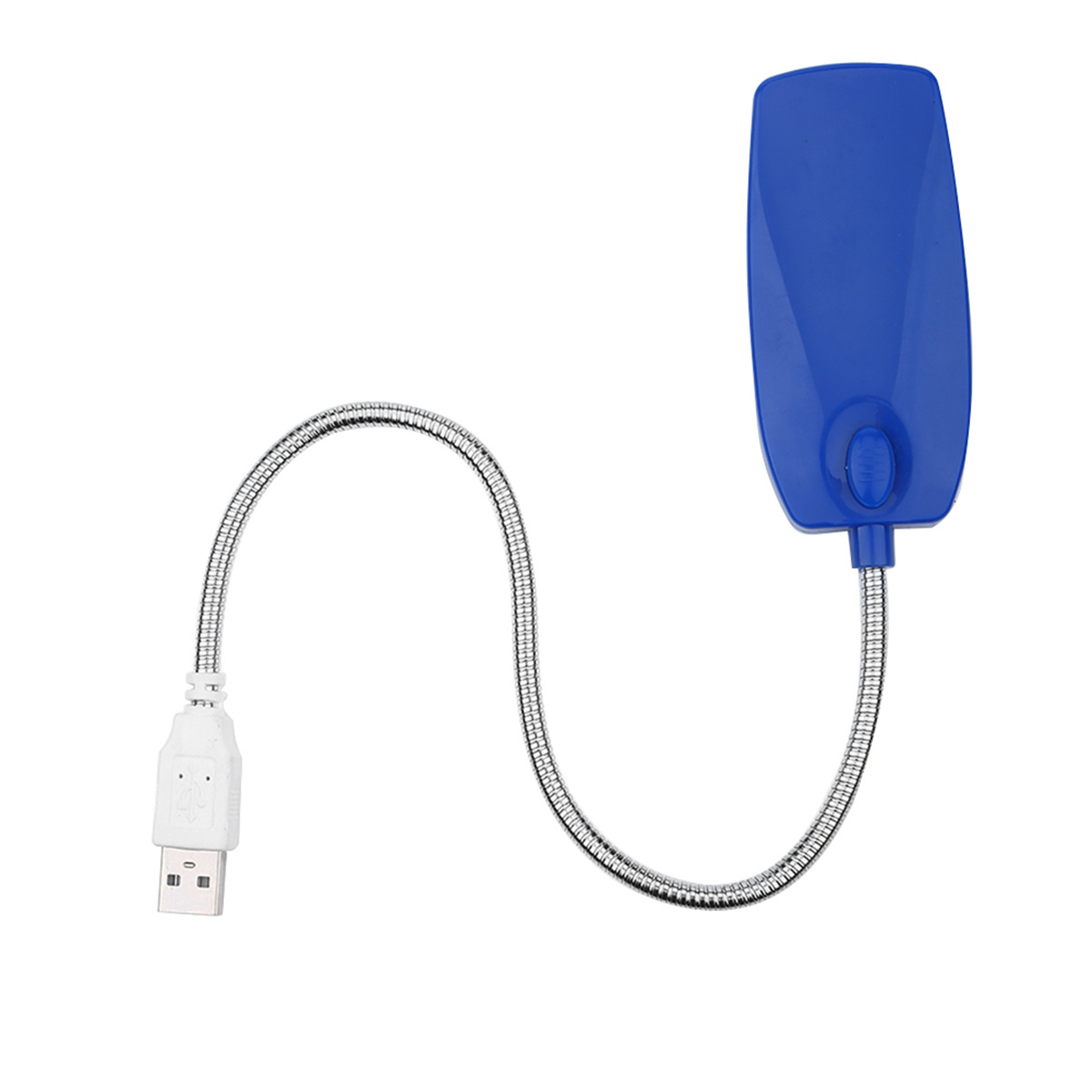 USB-Leselicht mit blauem Kopf und flexiblem Metallhals.
