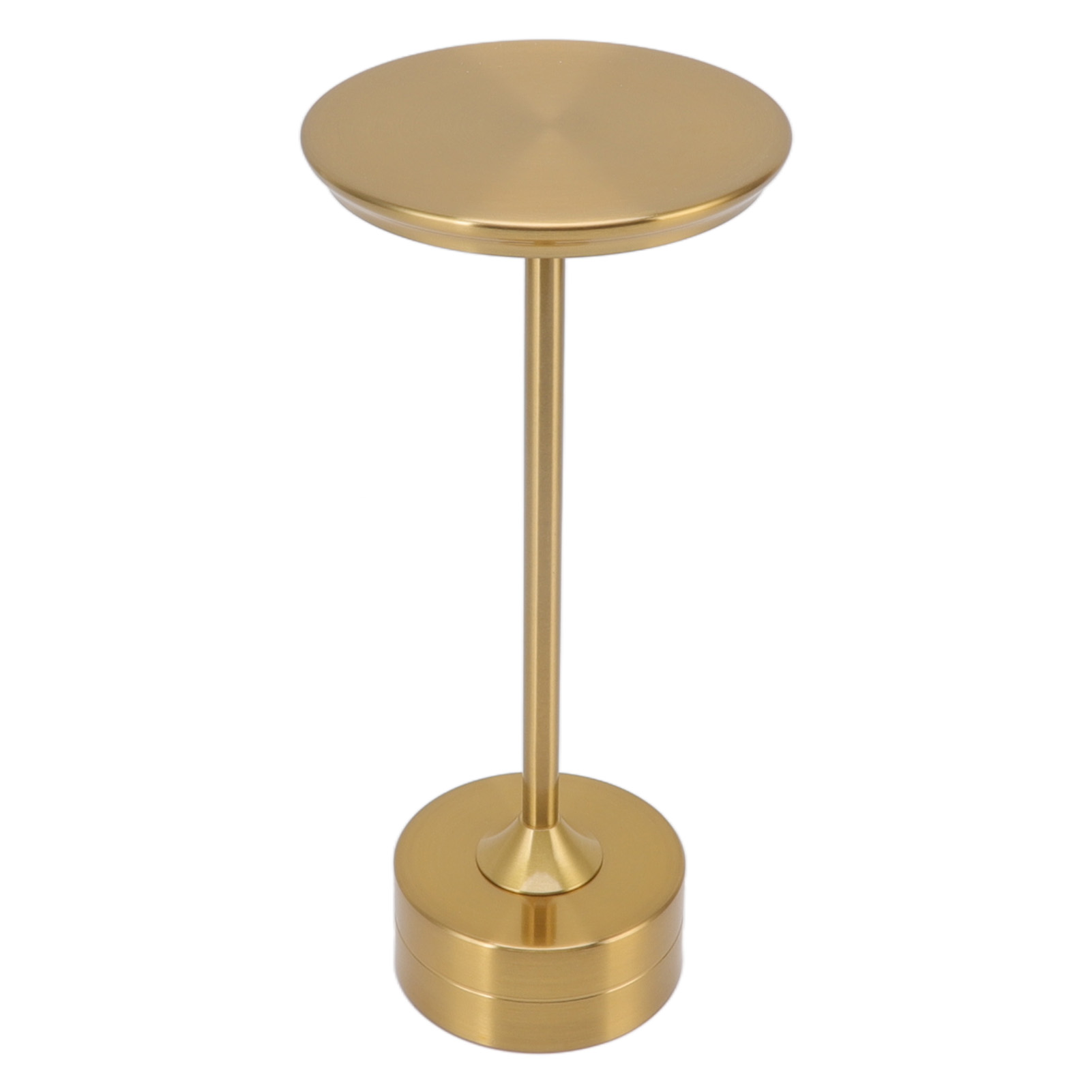Goldener Beistelltisch. Kreisförmige Oberseite, langer Stiel und kreisförmiger Sockel.