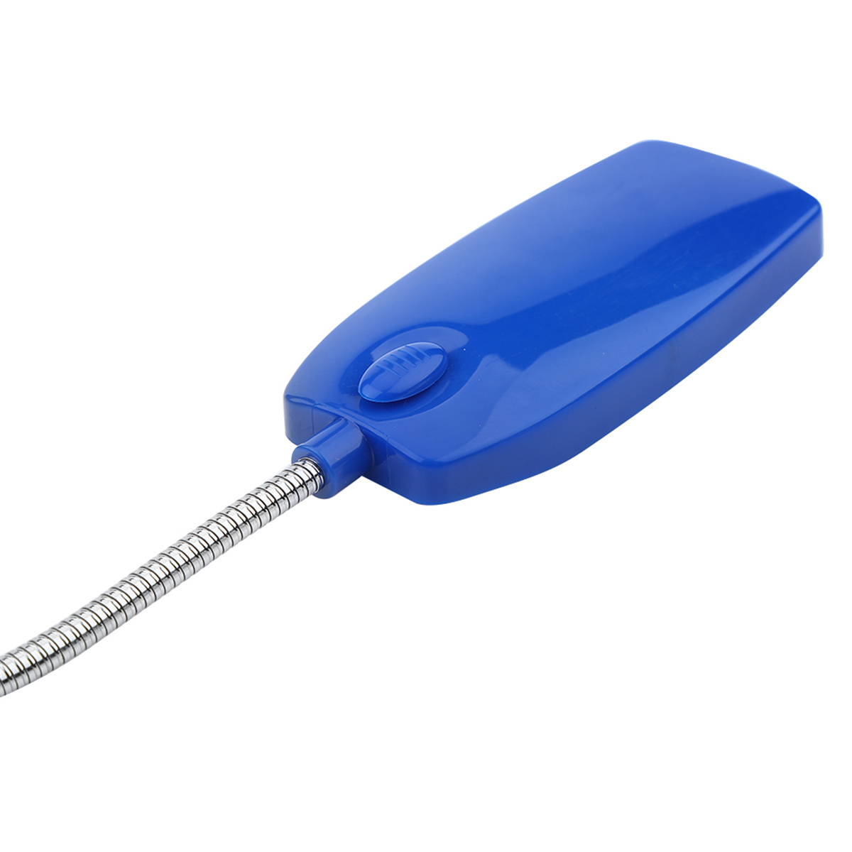 Eine blaue LED-Leuchte mit flexiblem Schwanenhals und Schalter. Das Licht ist vor weißem Hintergrund.