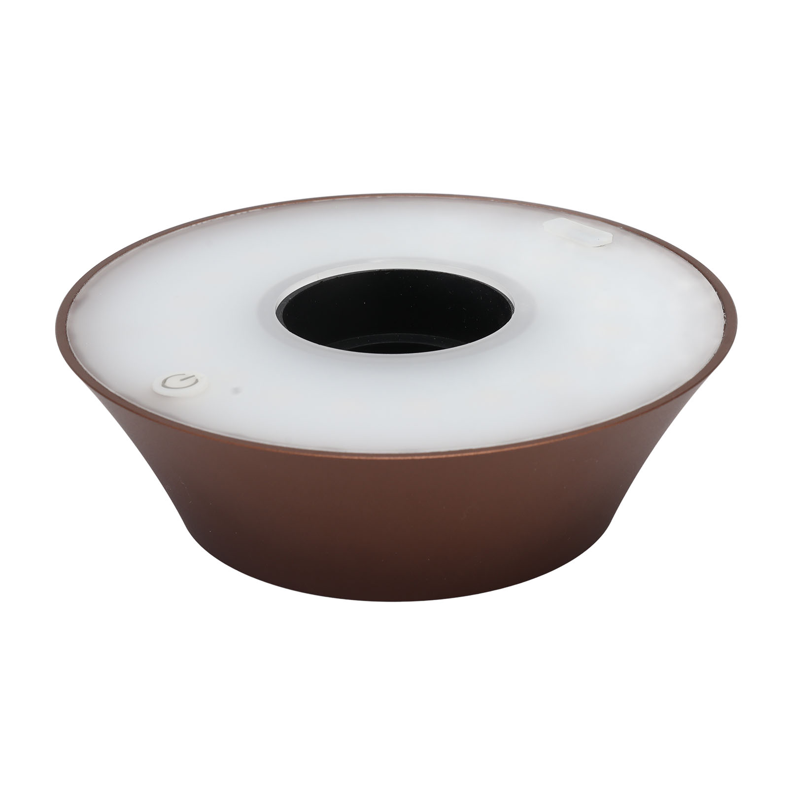 Eine braune, kreisförmige Lampe mit einer weißen, leuchtenden Oberseite. An der Seite befindet sich ein Netzschalter.