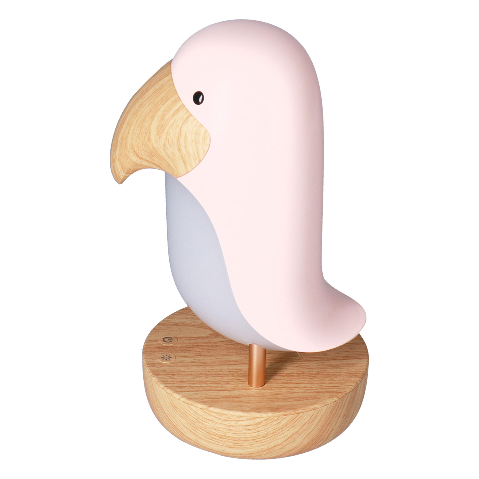 Rosa papageienförmige Lampe mit Holzsockel. Der Sockel hat berührungsempfindliche Knöpfe.