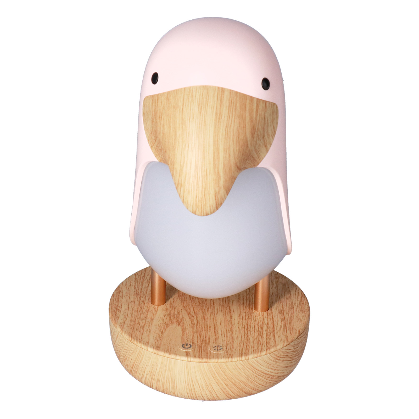 Ein pinguinförmiges Nachtlicht mit rosa Kopf, hellem Körper und Holzsockel. Niedliches Design.