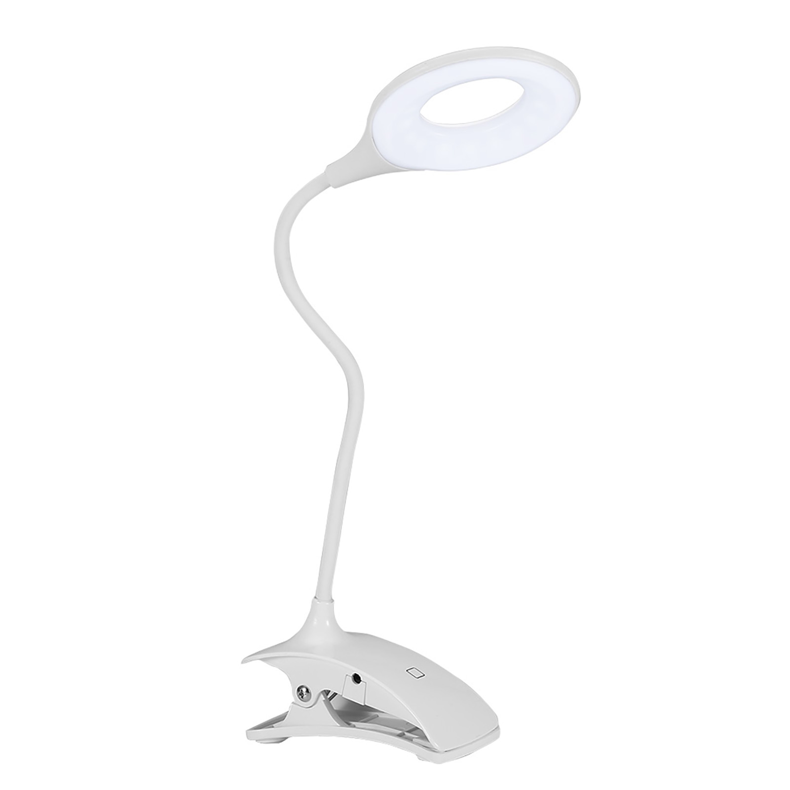 Eine weiße Schreibtischlampe mit gebogenem Hals und kreisförmigem Licht. Sie hat einen Clipfuß.