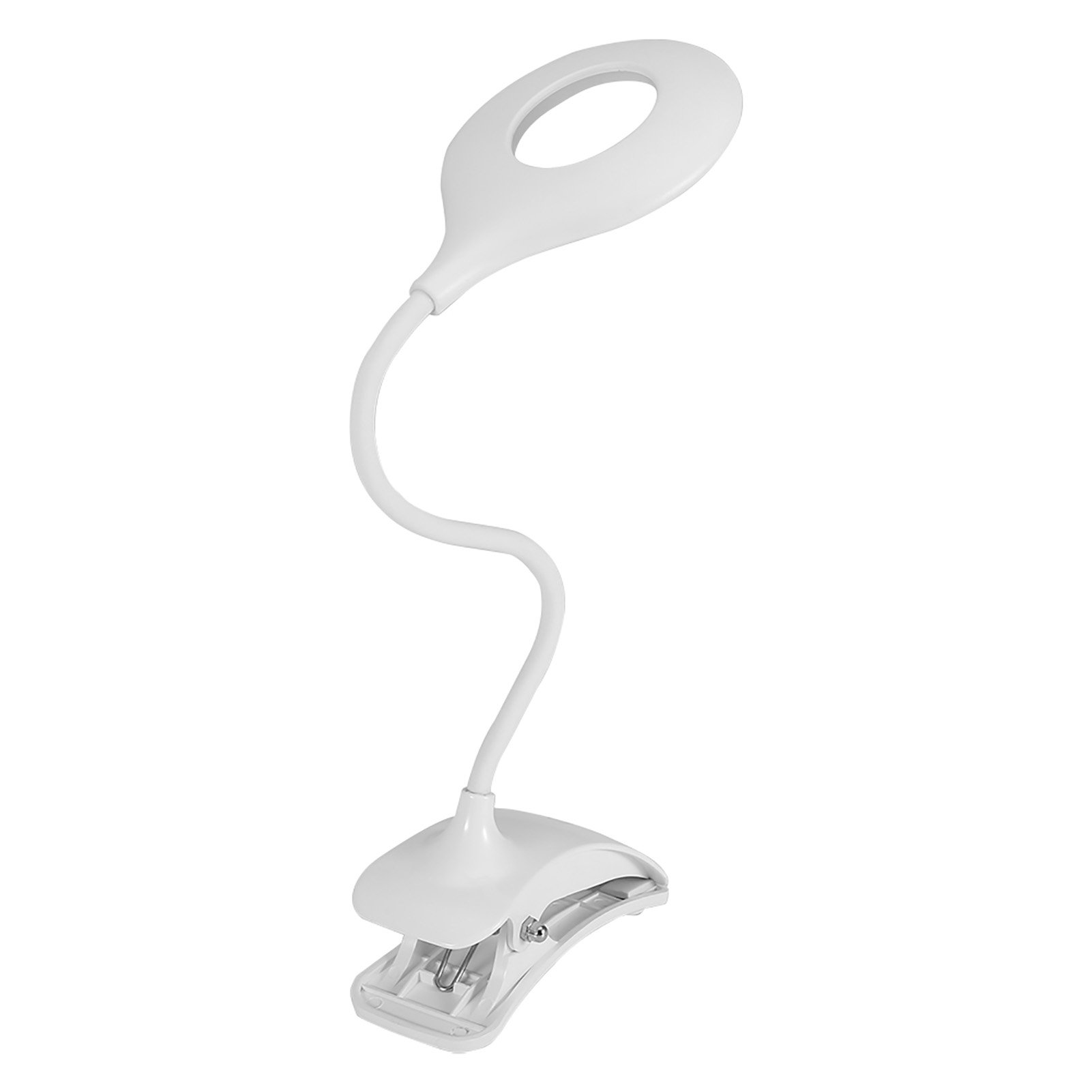 Eine weiße, flexible Schreibtischlampe mit Clip-Basis auf weißem Hintergrund.