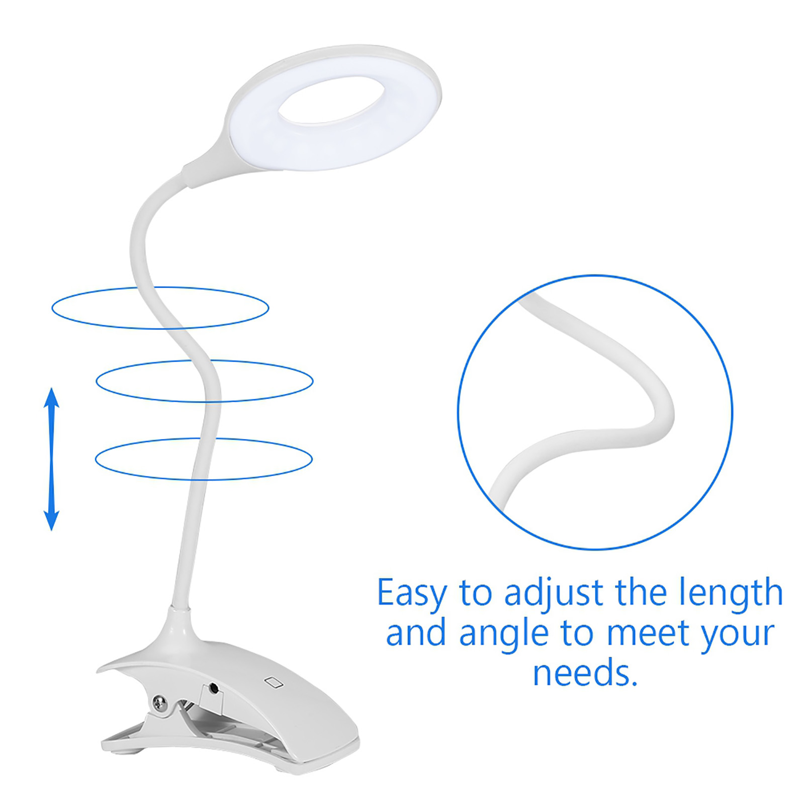 Weiße Schreibtischlampe mit verstellbarem Schwanenhals und Clipfuß, mit Ringlicht.
