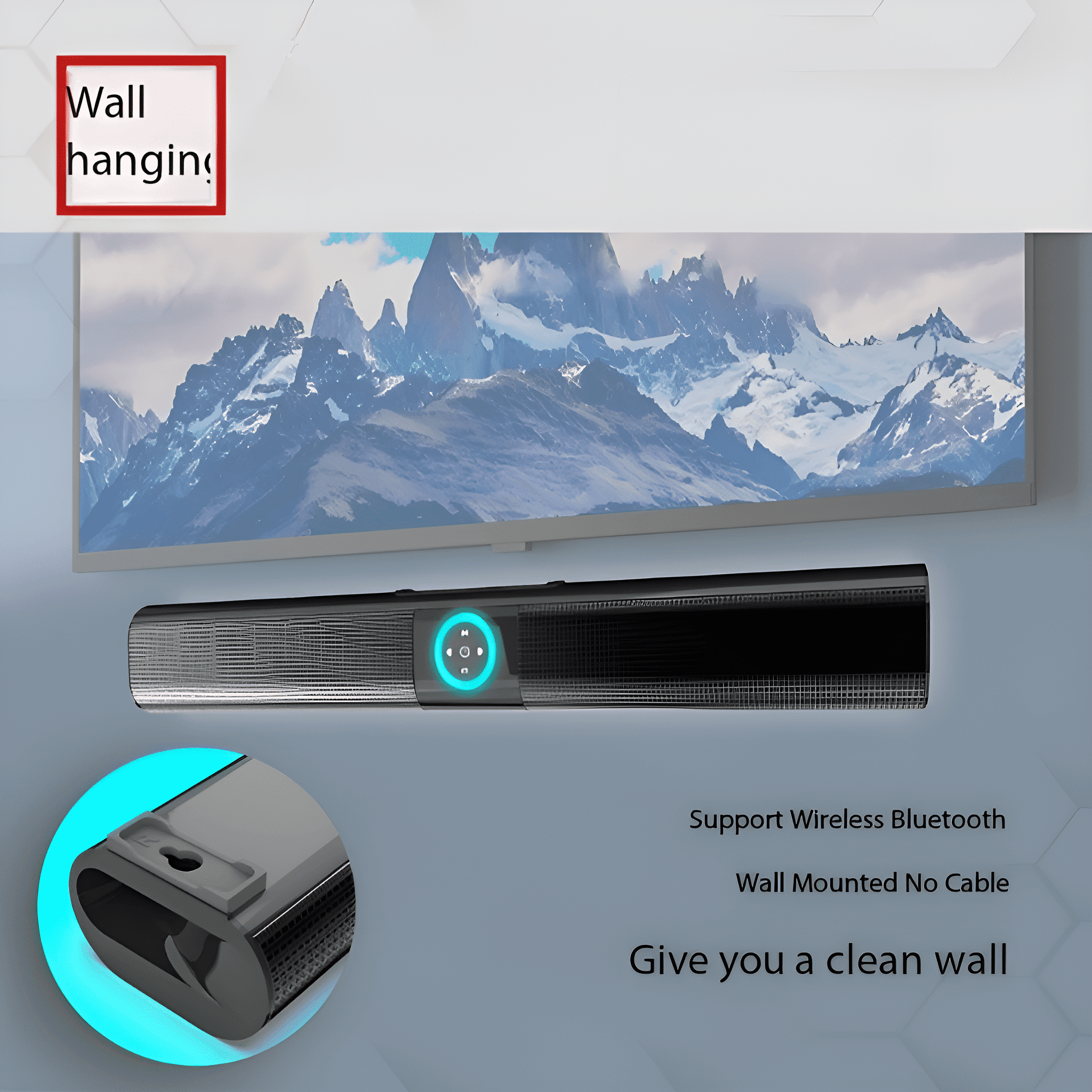 Eine schwarze Soundbar mit blauem Licht an der Wand.