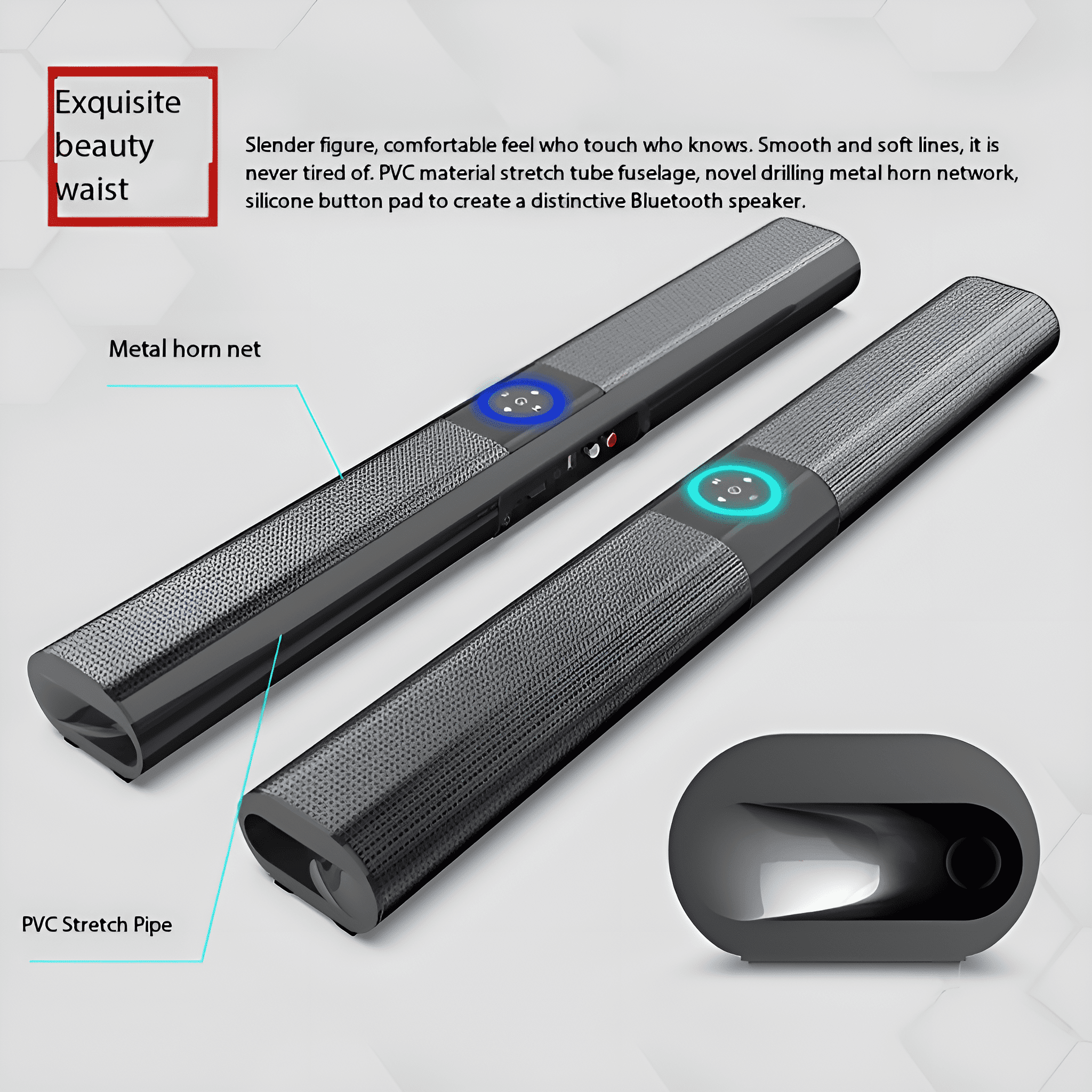 Zwei schwarze Bluetooth-Lautsprecher mit einem metallischen Mesh-Design und Bedienelementen. Die Lautsprecher haben abgerundete Enden.