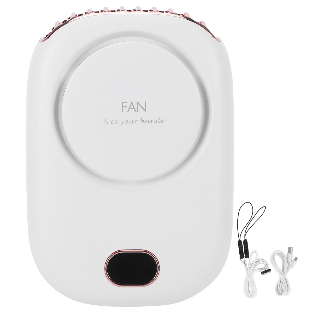 Ein weiß-roségoldfarbener persönlicher Ventilator mit dem Wort 'FAN' und einem USB-Kabel.