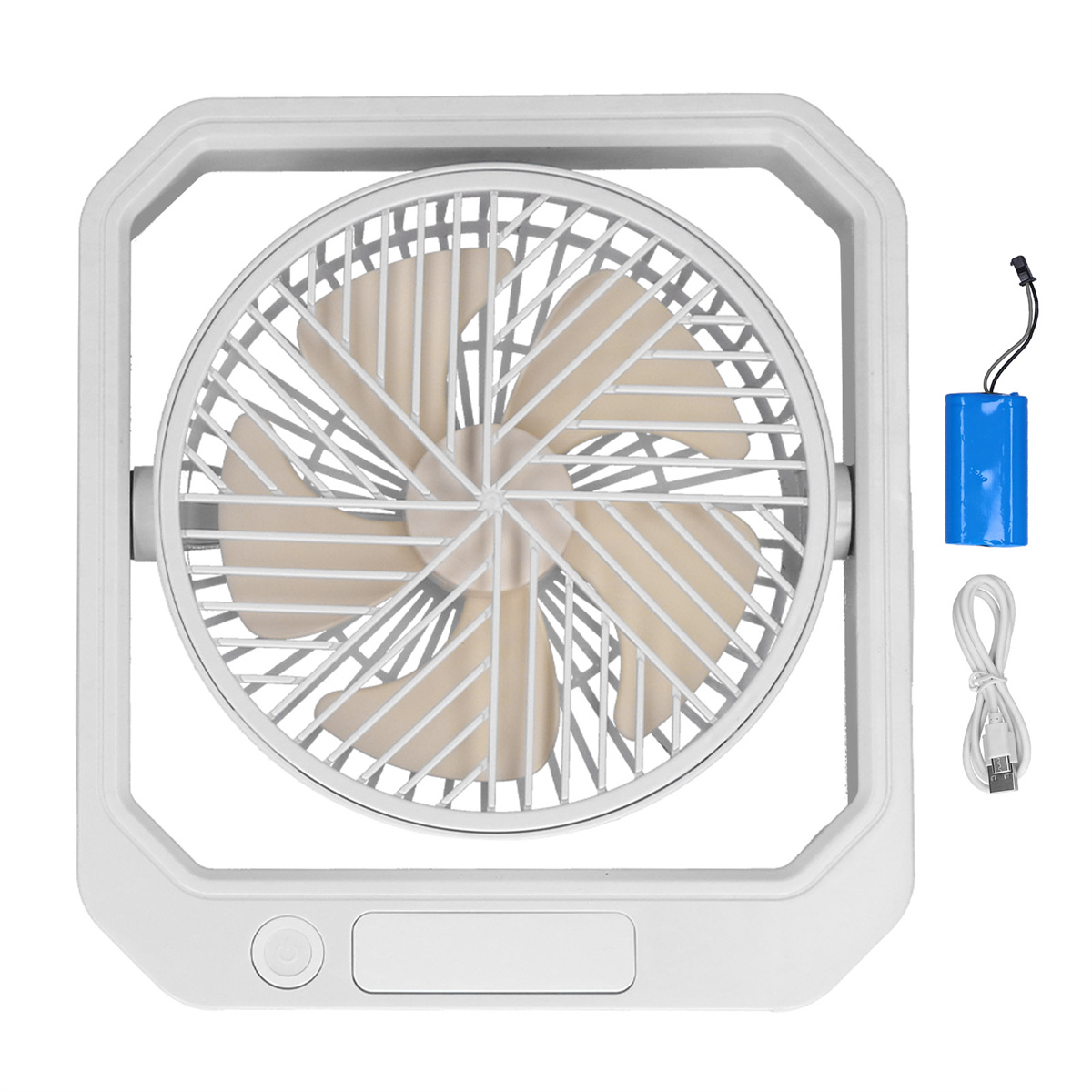 Weißer quadratischer Ventilator mit einer blauen Batterie und einem USB-Kabel.