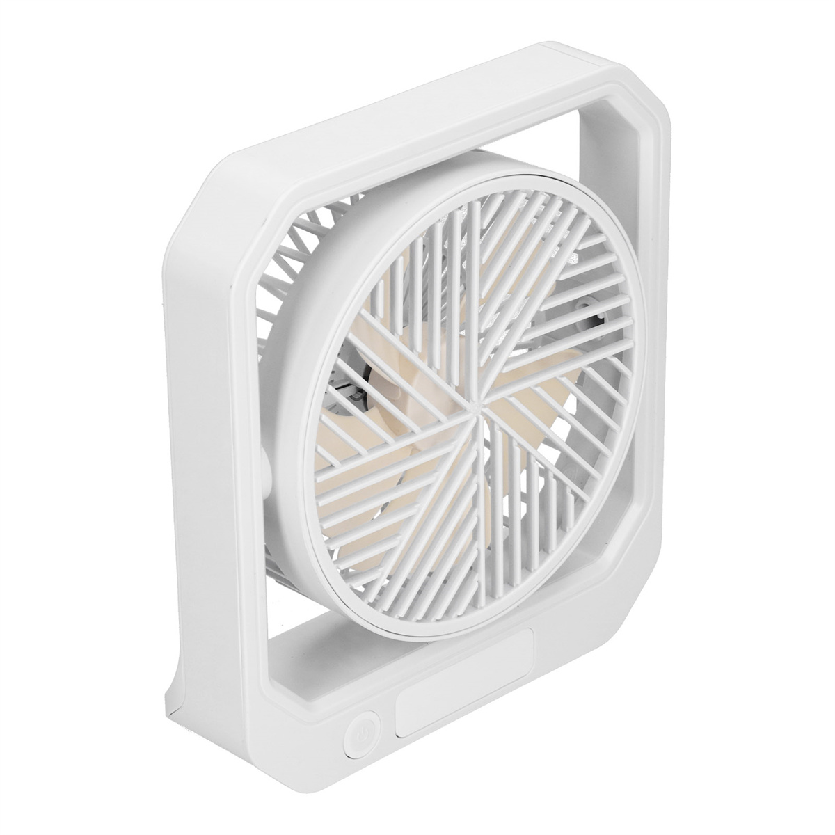 Weißer tragbarer Ventilator mit kreisförmigem Design und Schutzrahmen.