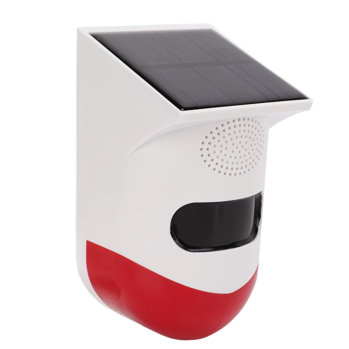 Ein weißes und rotes solarbetriebenes Sicherheitsgerät.