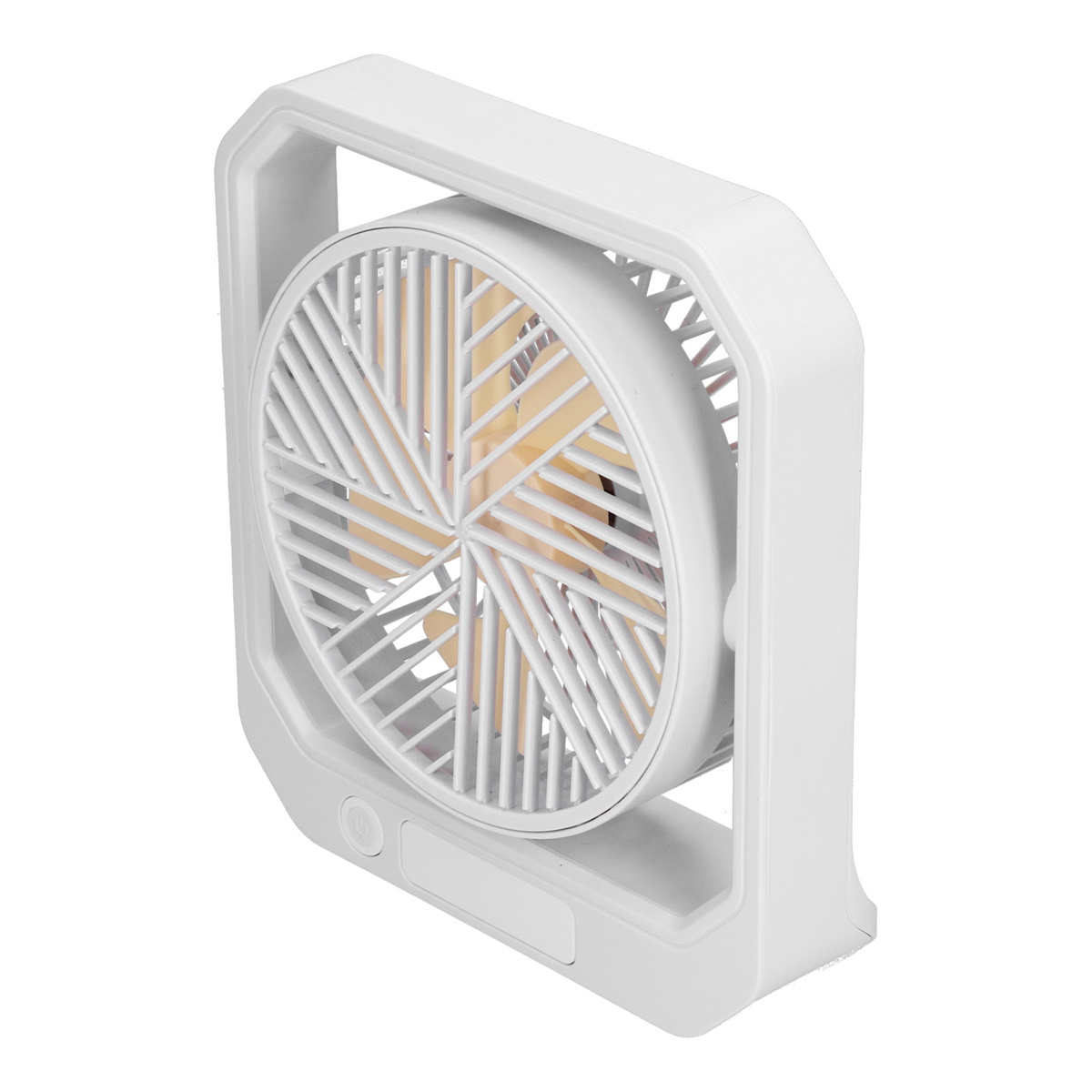 Ein weißer quadratischer Ventilator mit Schutzgitter und gelben Lüfterblättern in einem weißen Rahmen.