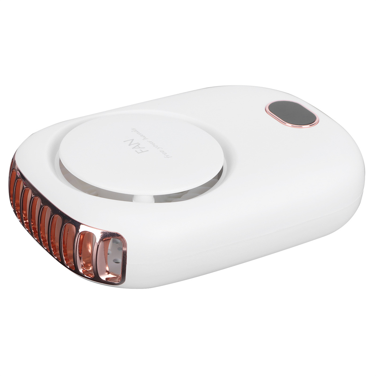 Weißer ovaler Ventilator mit roségoldfarbenem Zierring und roségoldfarbener Taste. Hat ein Lüftersymbol und das Wort FAN.