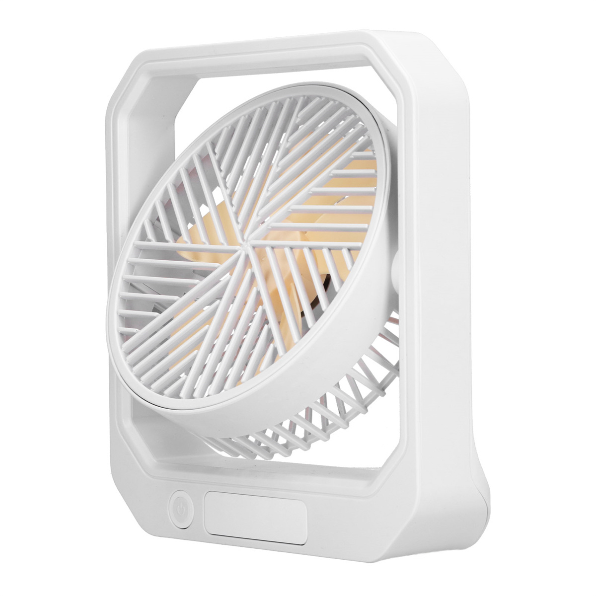 Ein kleiner weißer Ventilator mit gelbem Lüfterrad und einem Ein-/Ausschalter.