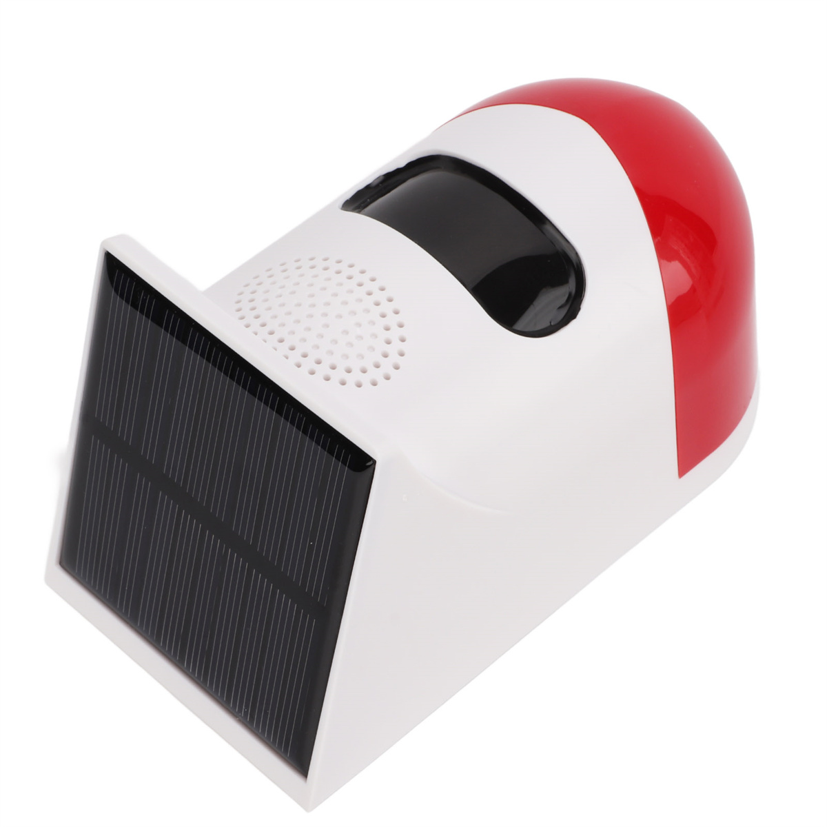 Ein weißes und rotes Gerät mit Solarpanel und schwarzem Bildschirm.