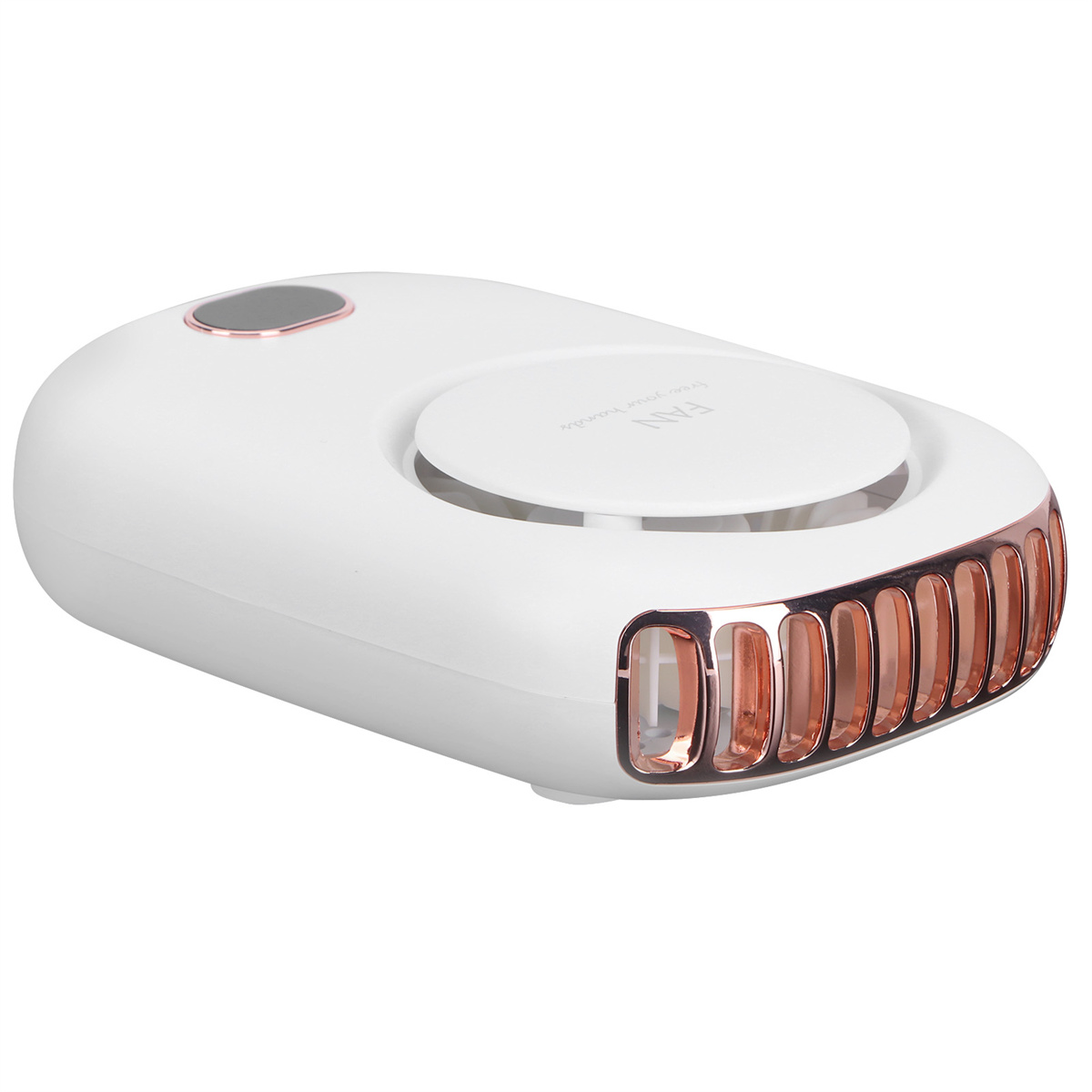 Weißer und roségoldener Ventilator. Ovale Form mit roségoldenen Akzenten, kleiner Luftauslass.