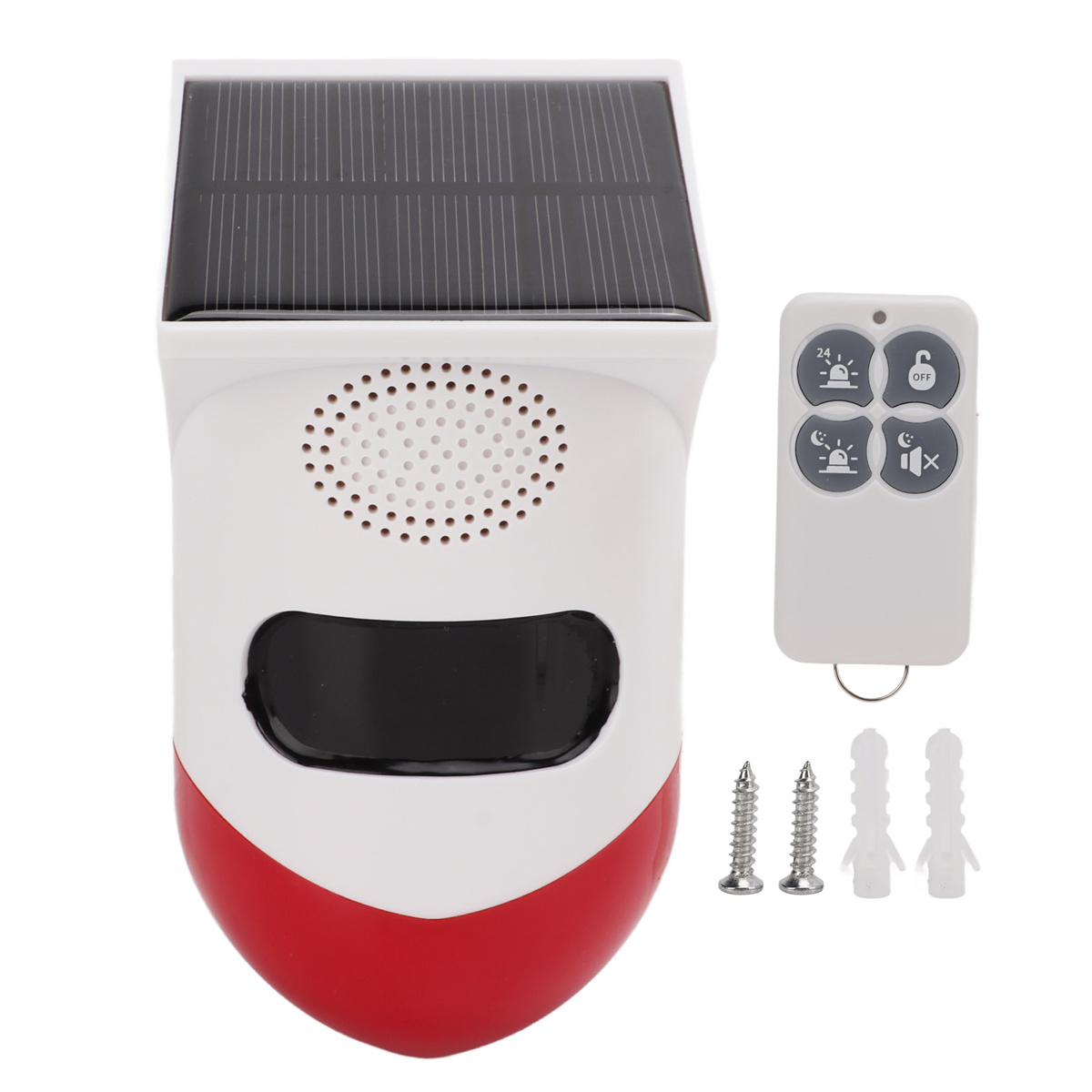 Weiß-roter Sicherheitsalarm mit Solarpanel, Fernbedienung und Befestigungsmaterial.