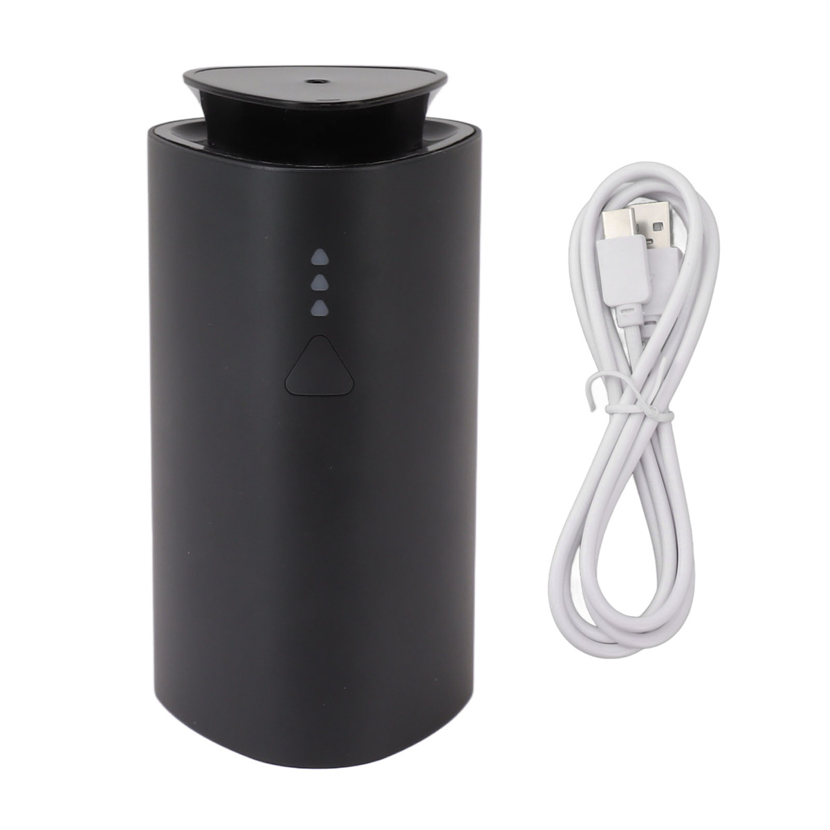 Schwarzes, zylindrisches Gerät mit USB-Kabel.