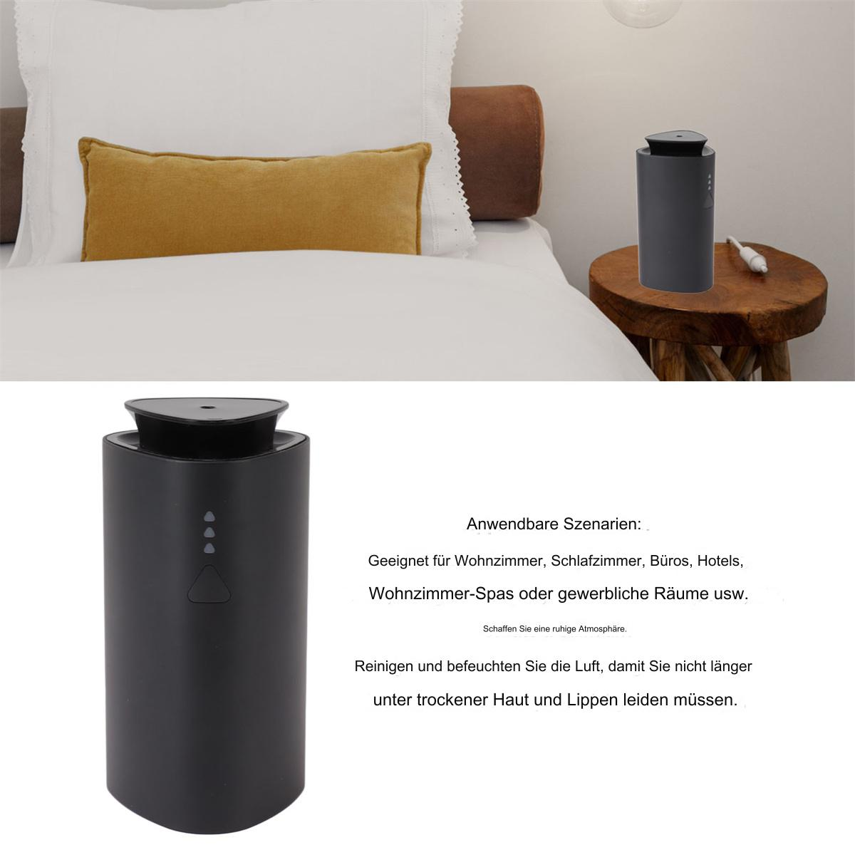 Schwarzer Luftbefeuchter auf einem Bett, mit Text über seine Verwendung.