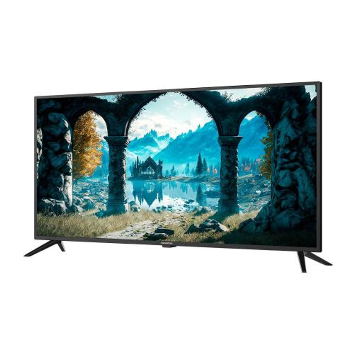 TV en un soporte que muestra una vista panorámica con arcos y montañas, con un marco negro.
