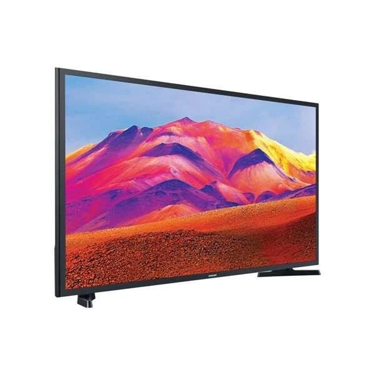 TV con display a paesaggio colorato. Cornice nera, vista angolata, isolato su bianco.