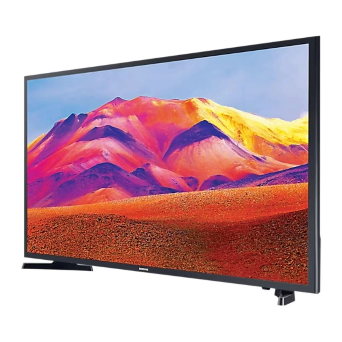 Un televisore Samsung mostra un paesaggio montuoso colorato.