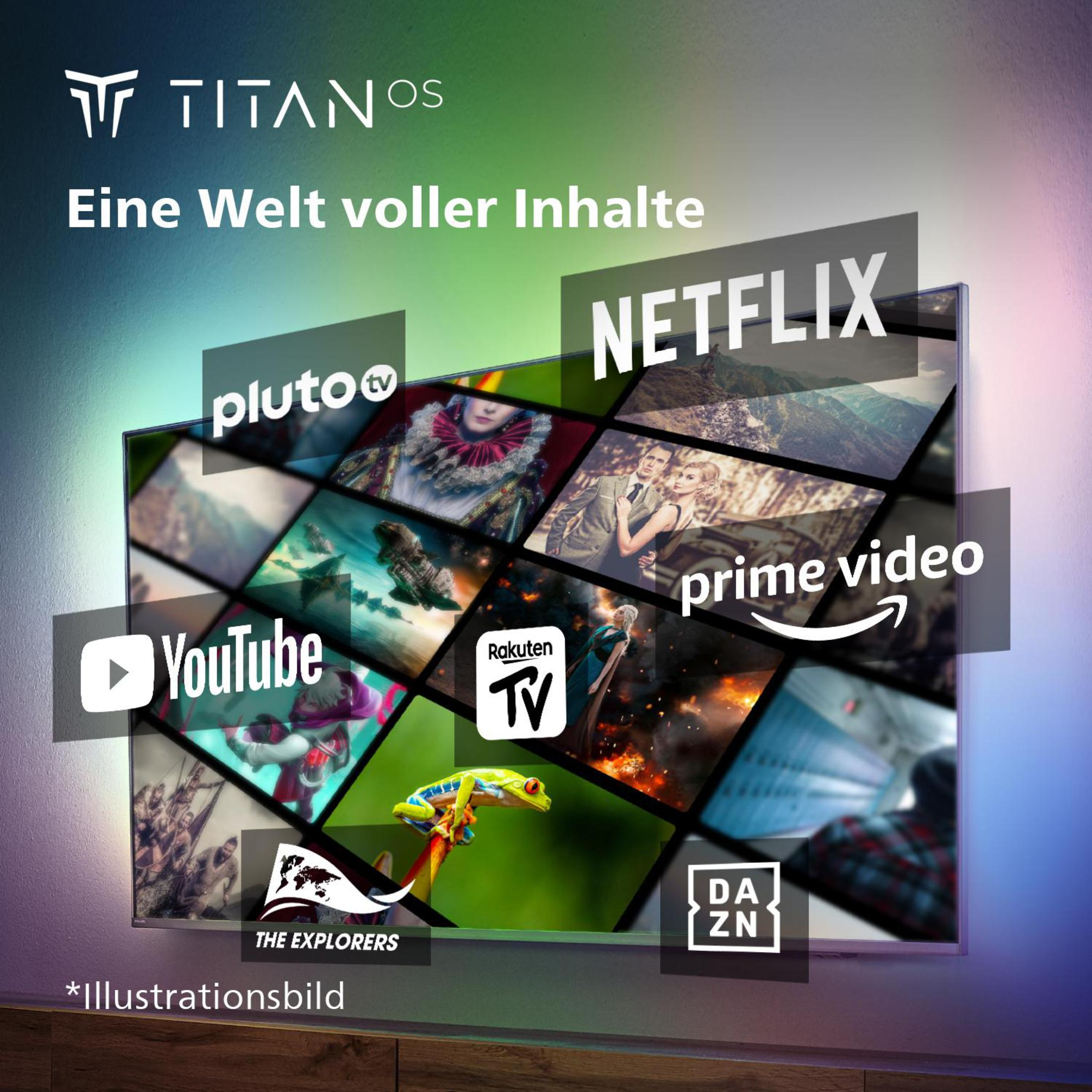Ekran telewizora wyświetlający wiele logo usług streamingowych. Widoczne są Netflix, YouTube, Prime Video.