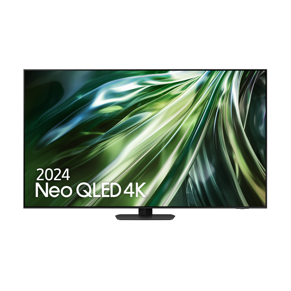 Czarny telewizor ze słowami '2024 Neo QLED 4K' na ekranie na czarnym tle.