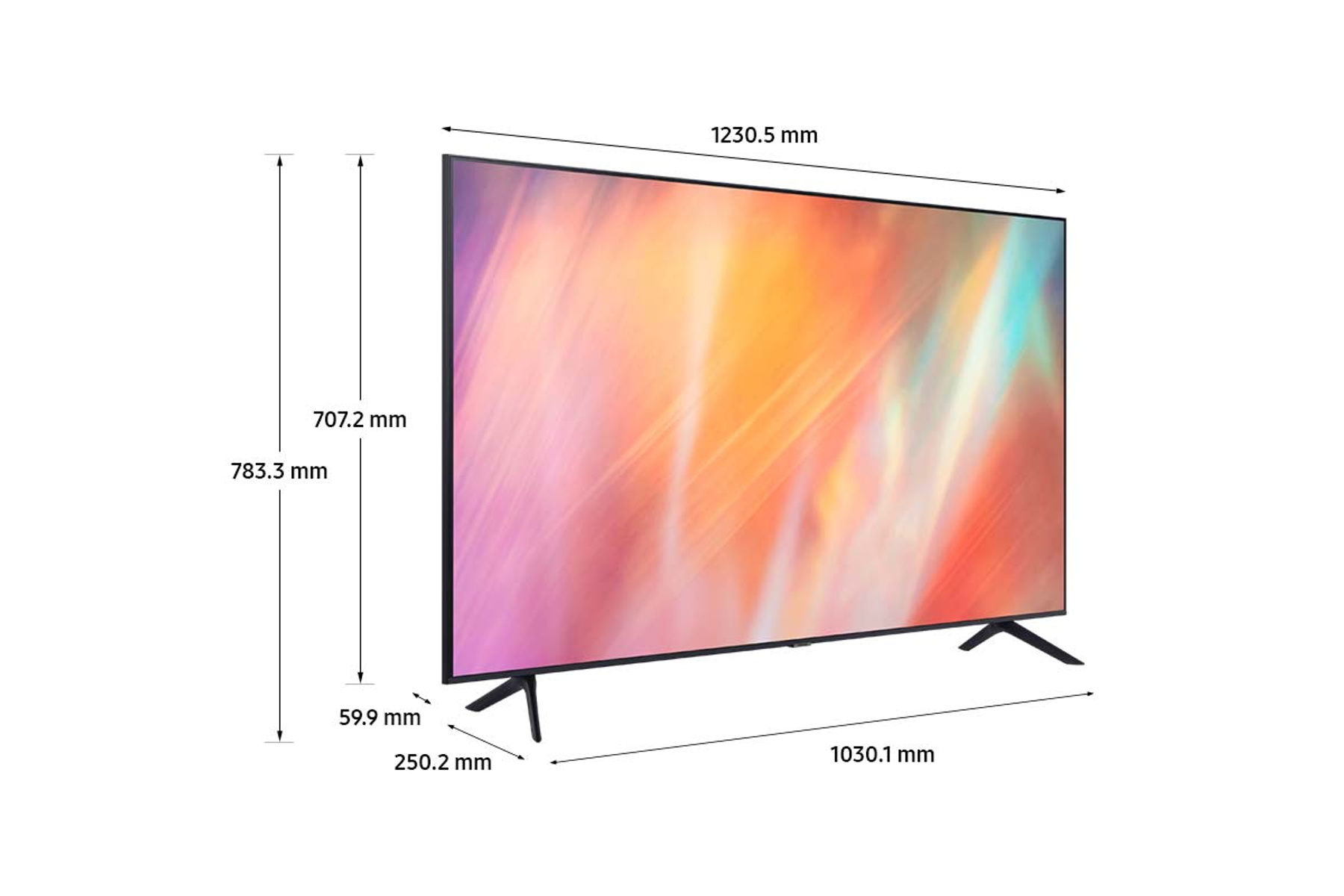 Una TV Samsung con dimensioni e schermo colorato, in mm. Sfondo bianco.