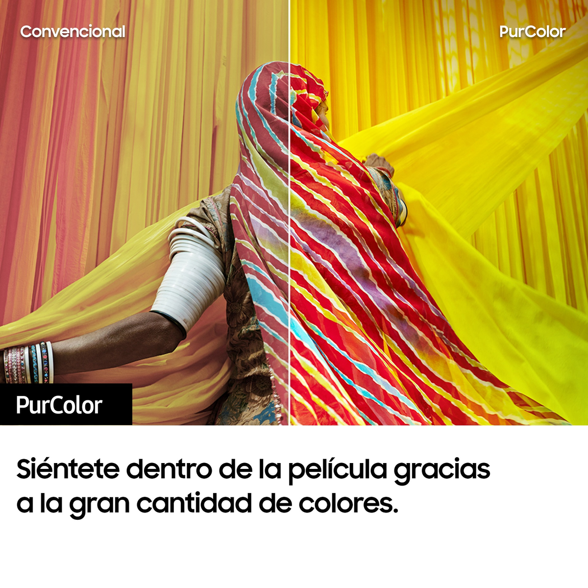 Immagine divisa che mostra una donna con abiti colorati. Un lato mostra convenzionale, l'altro PurColor.