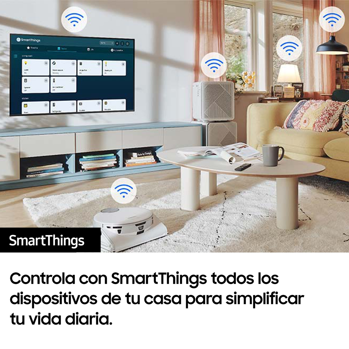 Soggiorno con SmartThings in TV. Divano, tavolo e aspirapolvere robot.