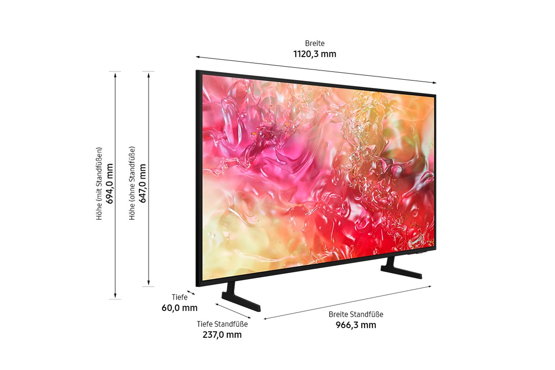 Una pantalla de TV que muestra una imagen abstracta colorida y dimensiones. Muestra la altura con y sin soporte.