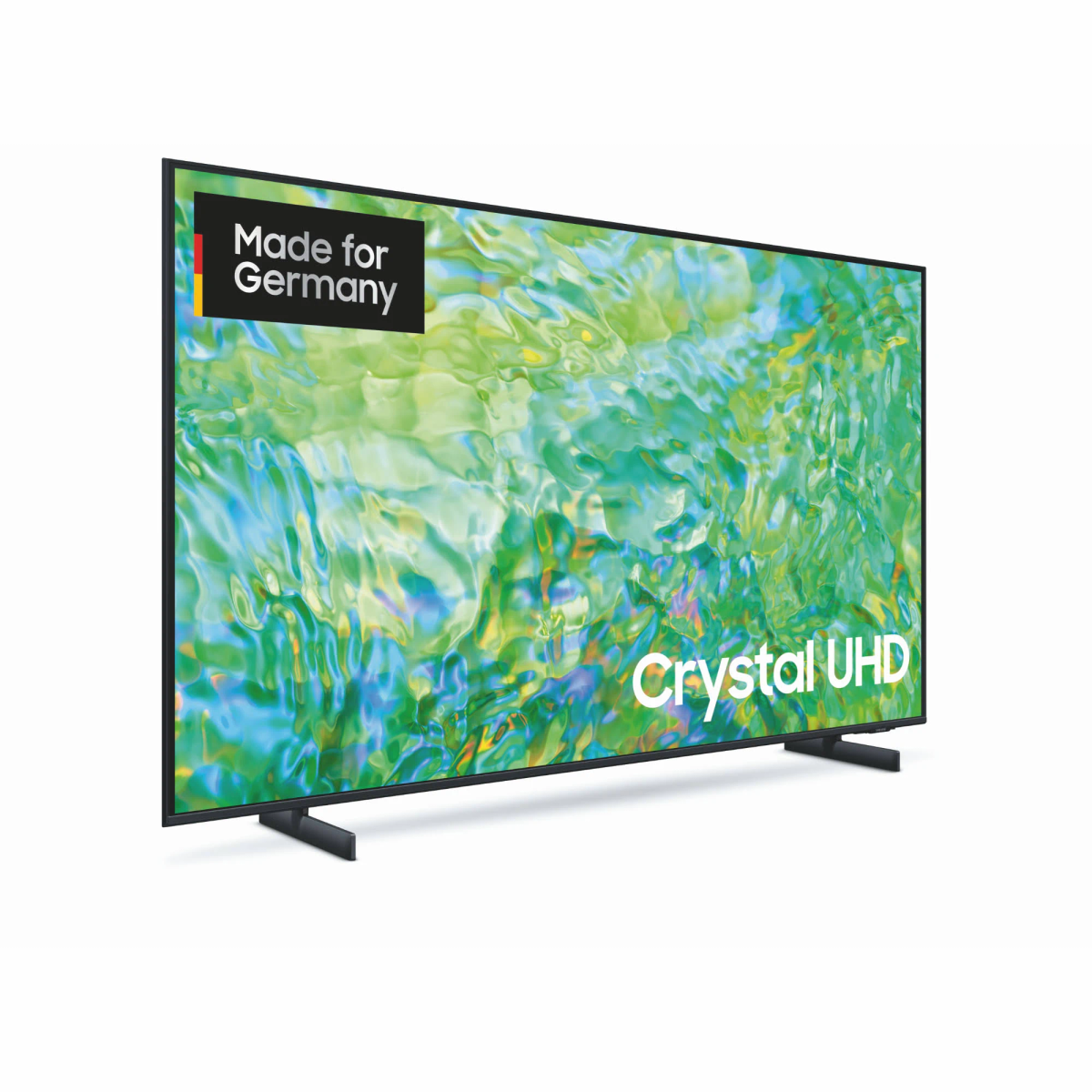 Czarny telewizor Samsung z zielonym kwiatowym tłem i napisem 'Crystal UHD'.