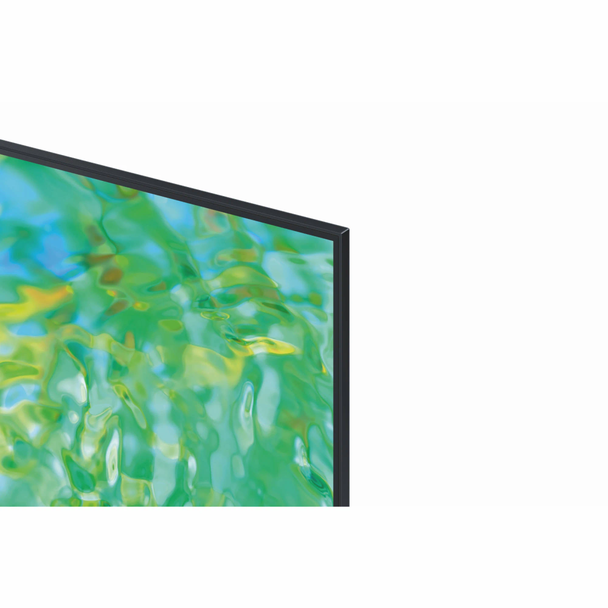 Zbliżenie rogu telewizora pokazujące zielony i niebieski wyświetlacz.