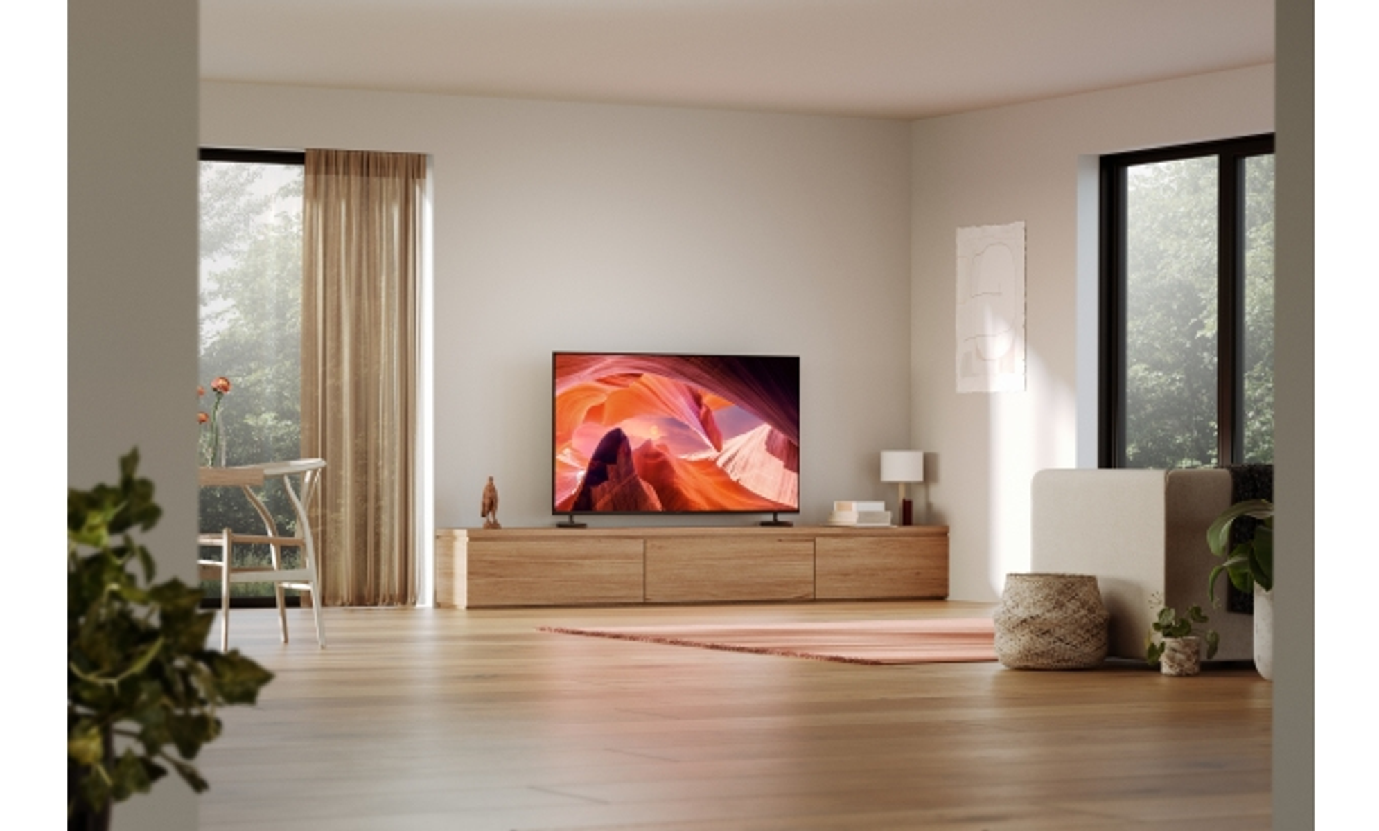 Soggiorno con TV su mobile in legno. Tappeto rosa e pianta in primo piano.