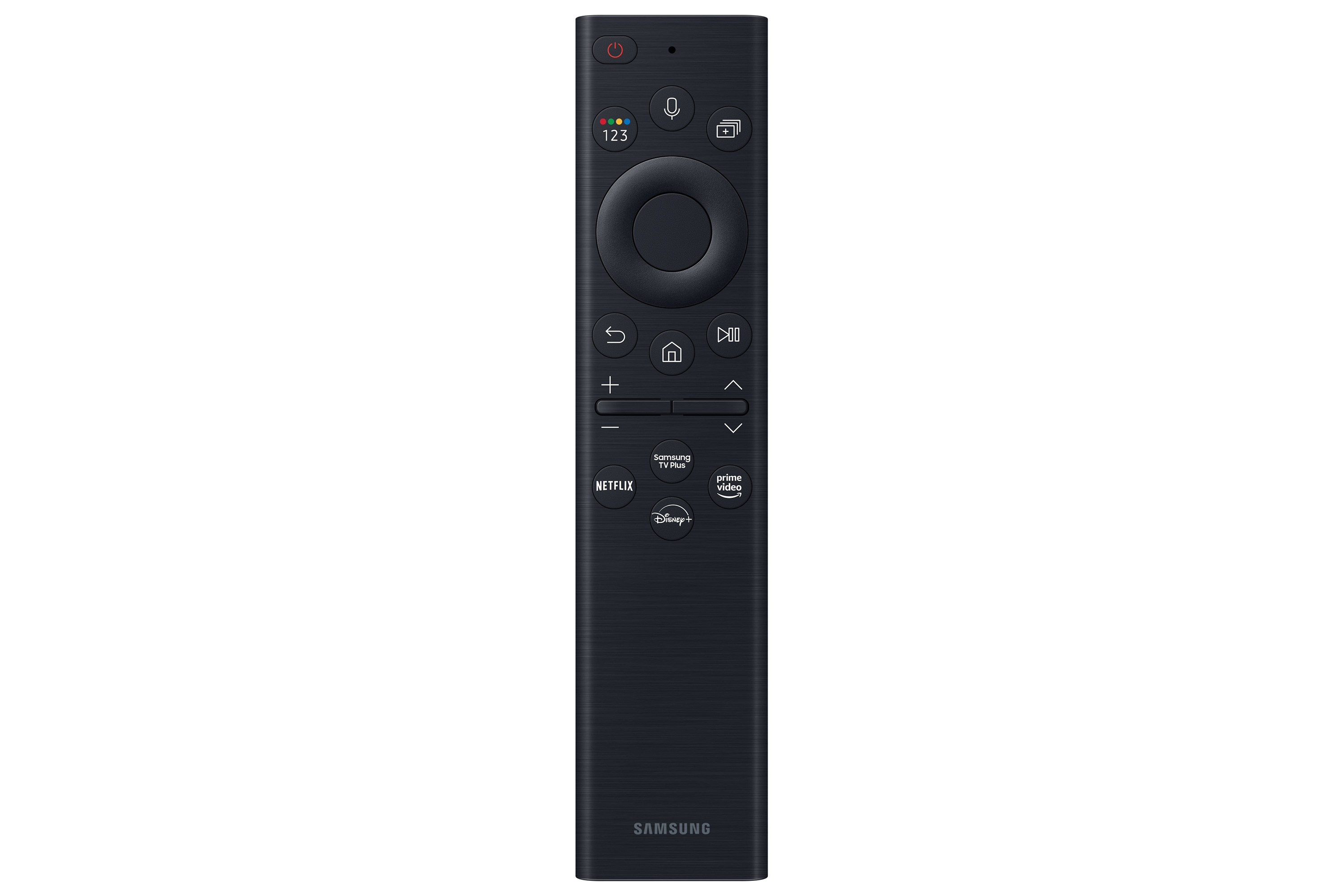Eine schwarze Fernbedienung mit verschiedenen Tasten, einschließlich Ein/Aus, Lautstärke und Streaming-Diensten.