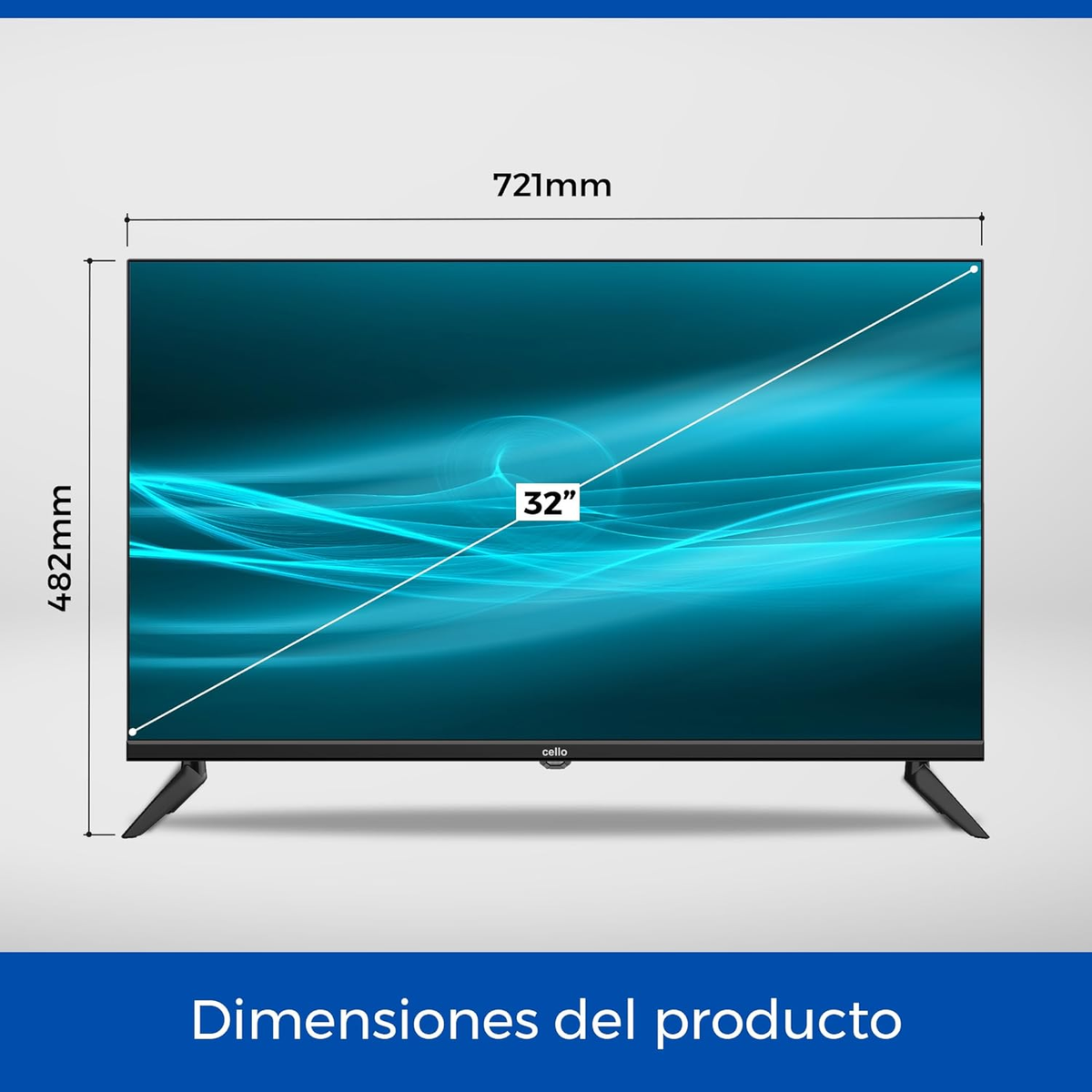 32" Cello TV, Abmessungen und Maße auf dem Bildschirm, weißer Hintergrund.