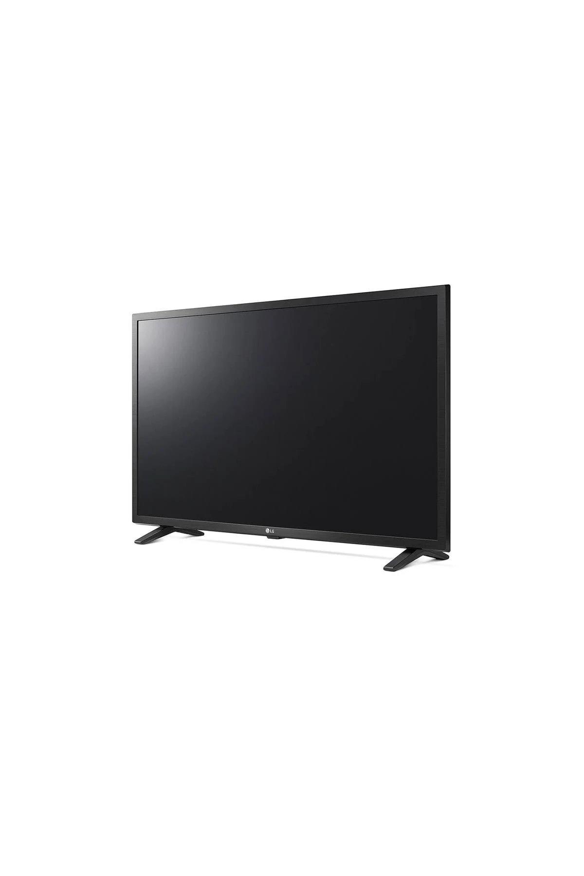 Una TV LG nera con un supporto, su sfondo bianco, vista angolata.