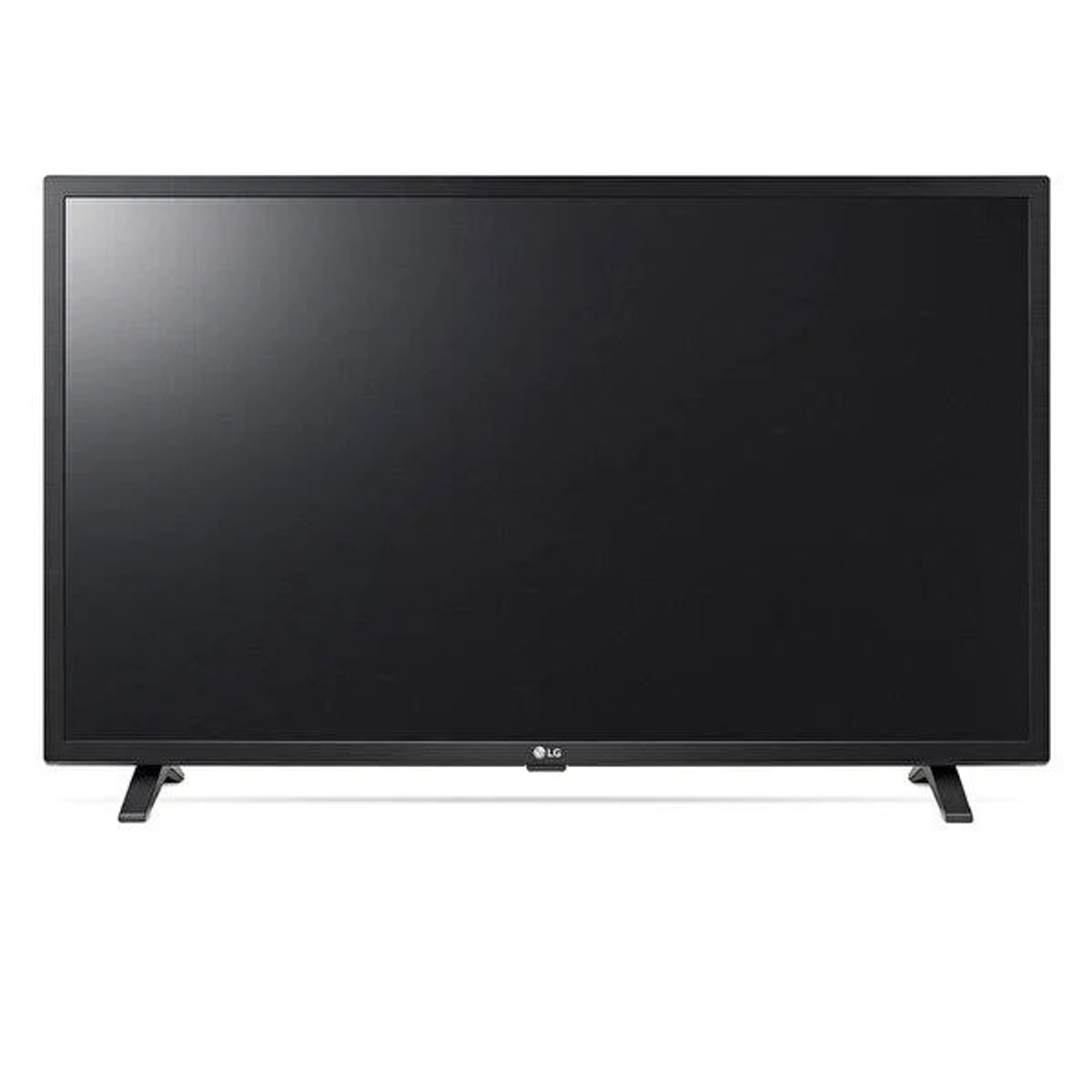 Un televisore LG nero con schermo scuro, su sfondo bianco, con gambe.