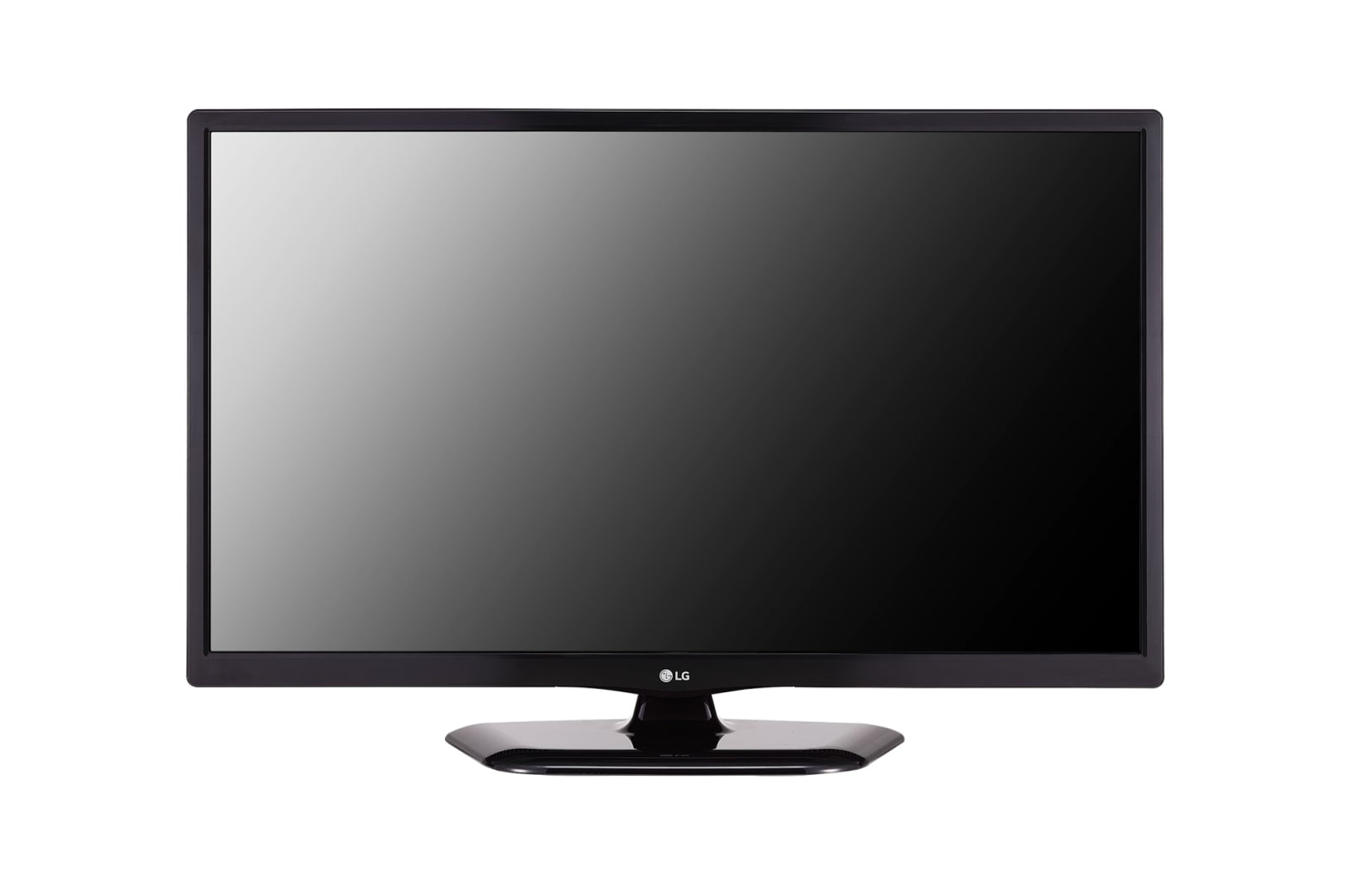 TV nero con schermo vuoto, cornice e supporto neri, sfondo bianco.