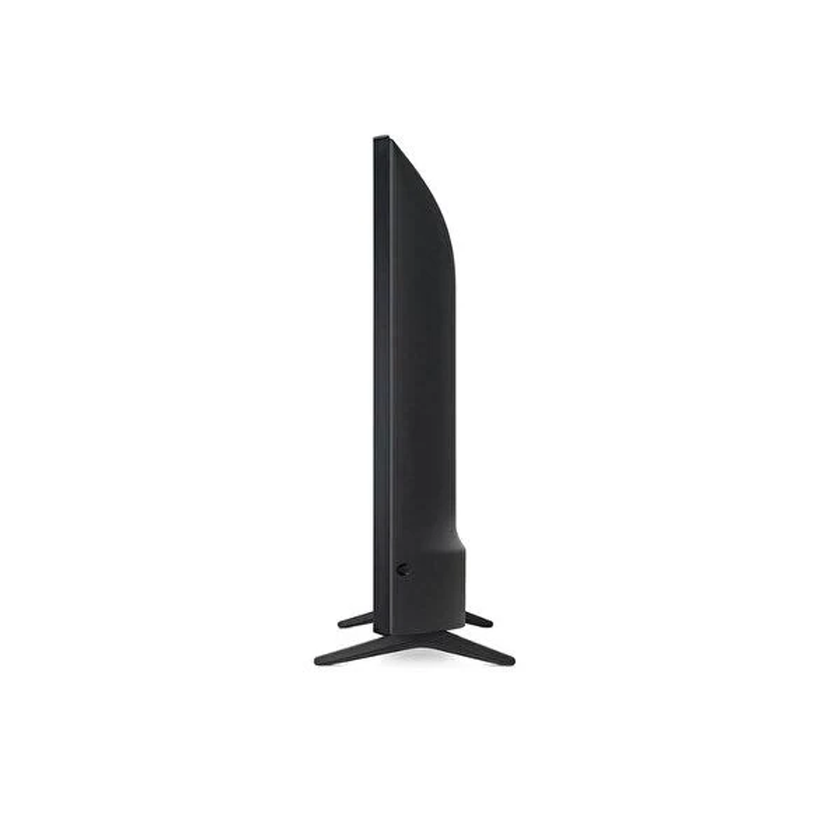 Vista laterale di una TV nera su sfondo bianco, che mostra il profilo sottile e il supporto.
