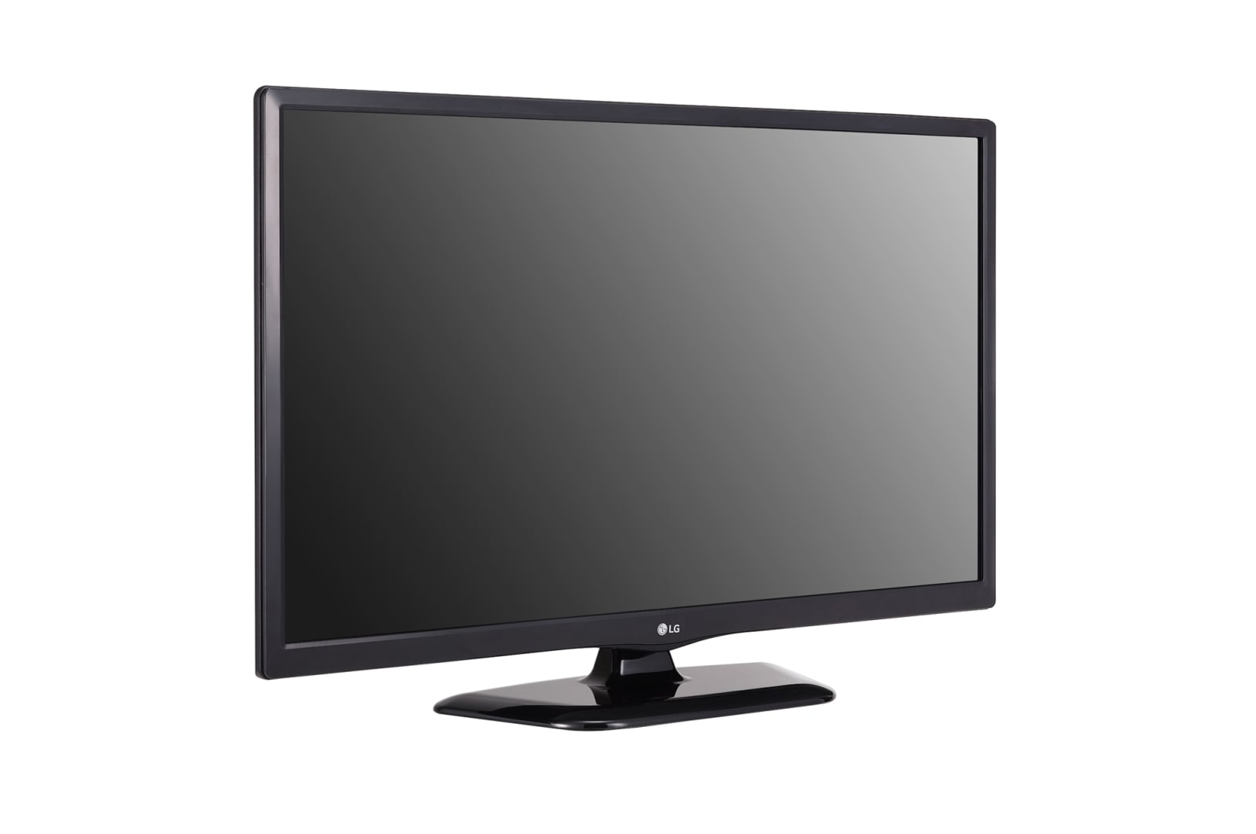 Una TV LG nera con schermo scuro, leggermente angolato, su base nera. È di fronte a uno sfondo bianco.