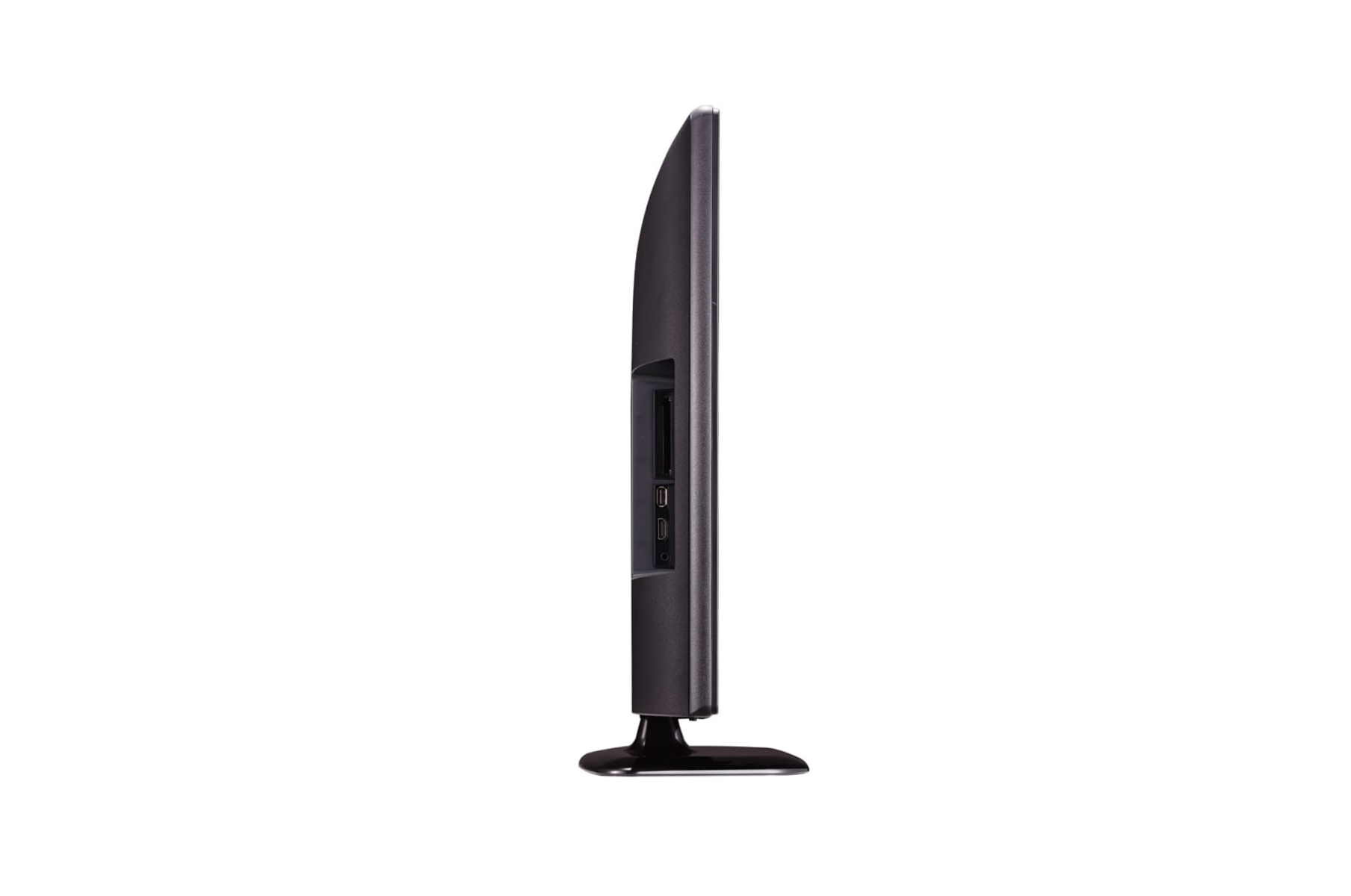 Vista laterale di una TV nera. Su sfondo bianco. Porte e supporto visibili.