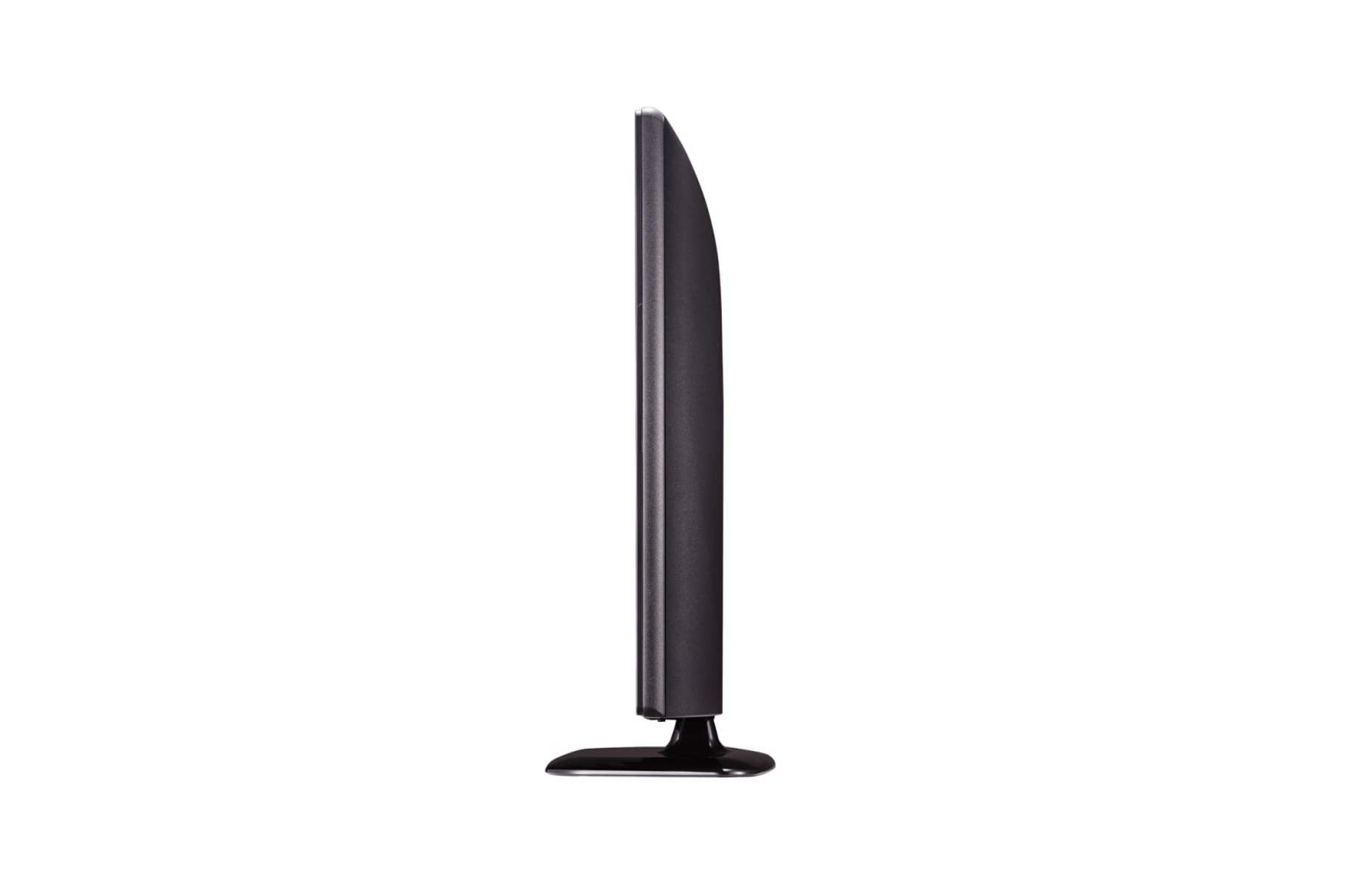 Vista laterale di una TV nera. Design minimalista. Sfondo bianco.